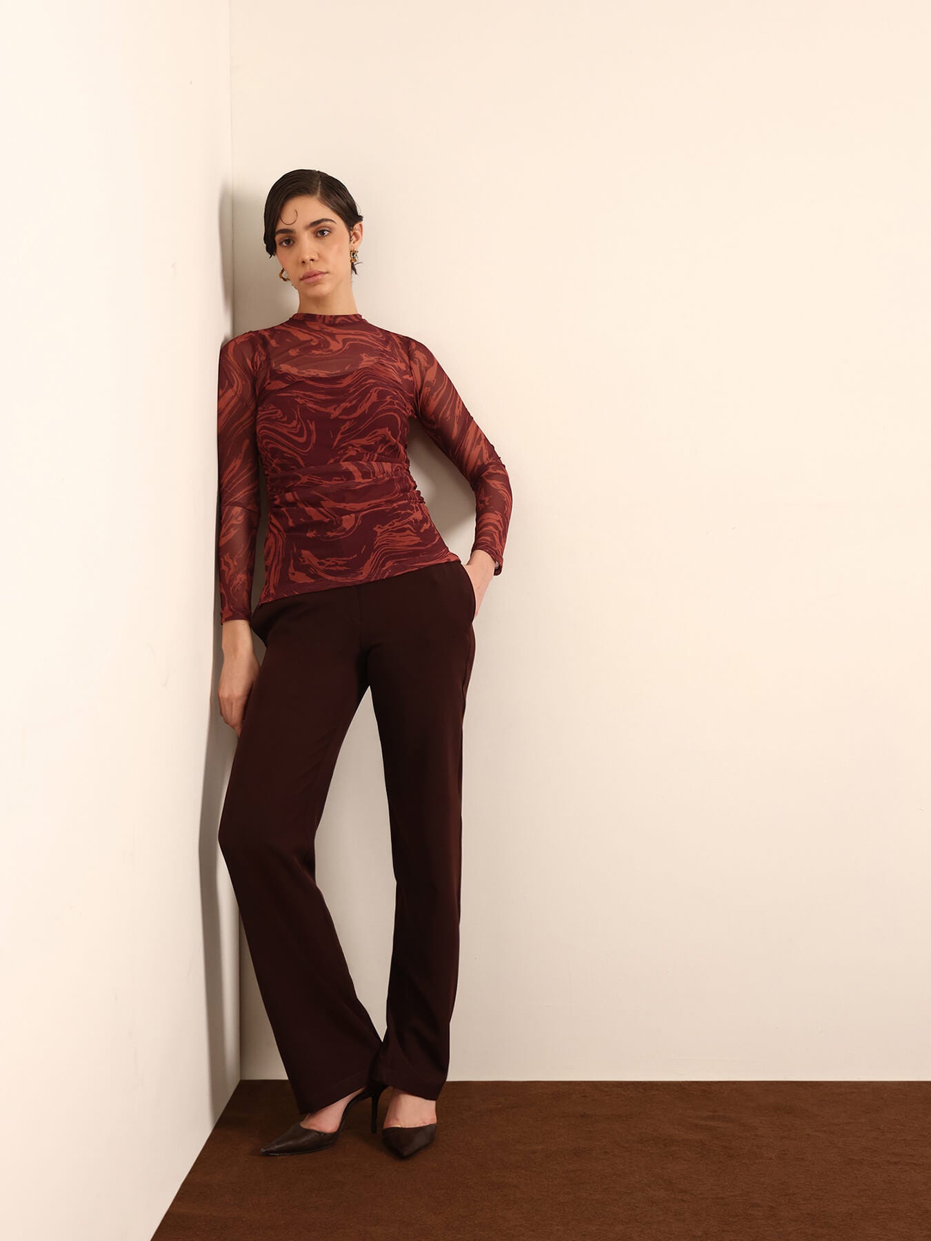 Abstract Print Mesh Top - Maroon