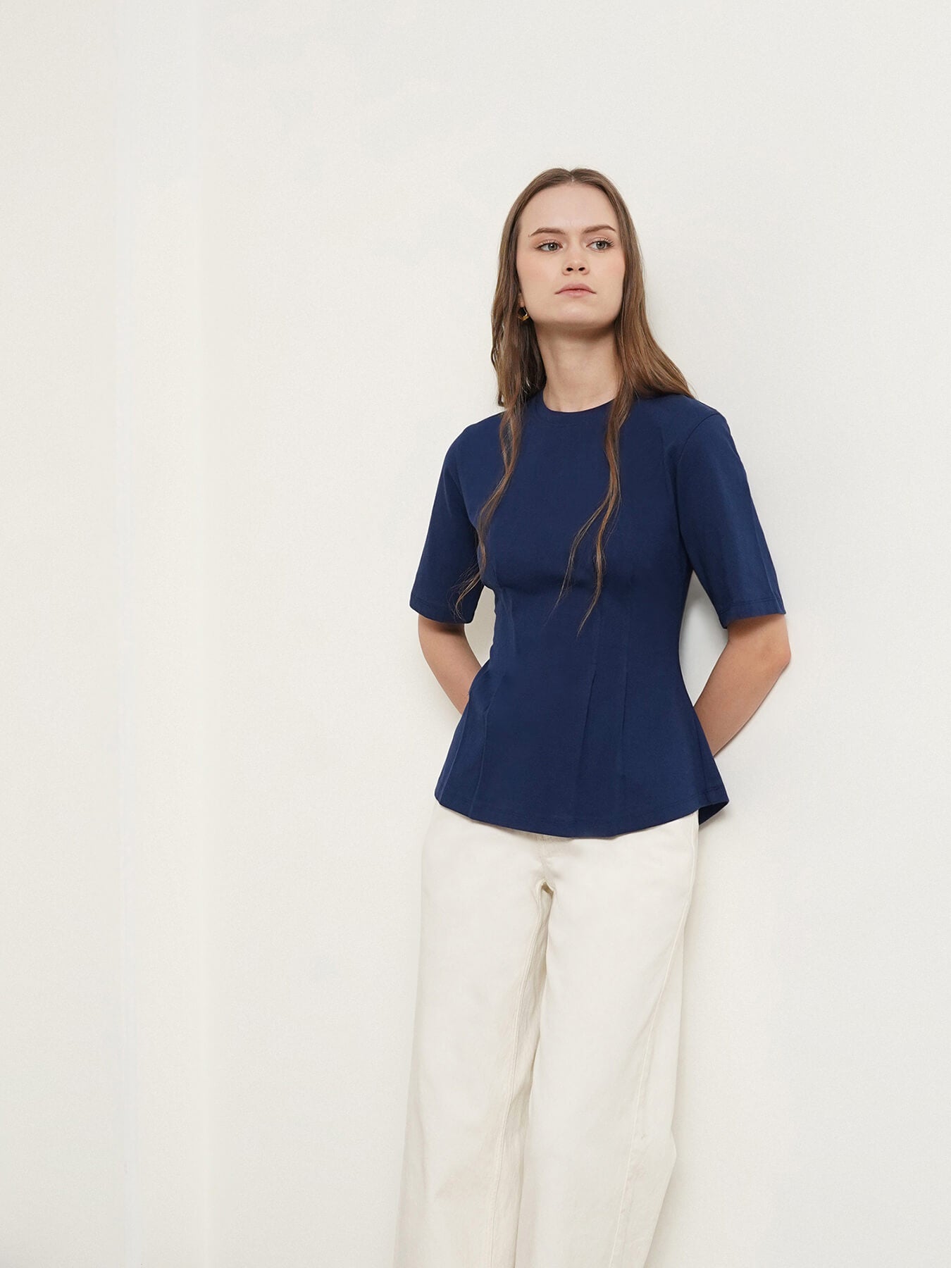 Cotton Round Neck Darted Top - Navy Blue