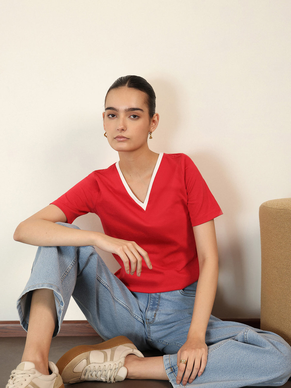 Pure Cotton V-Neck T-shirt - Red