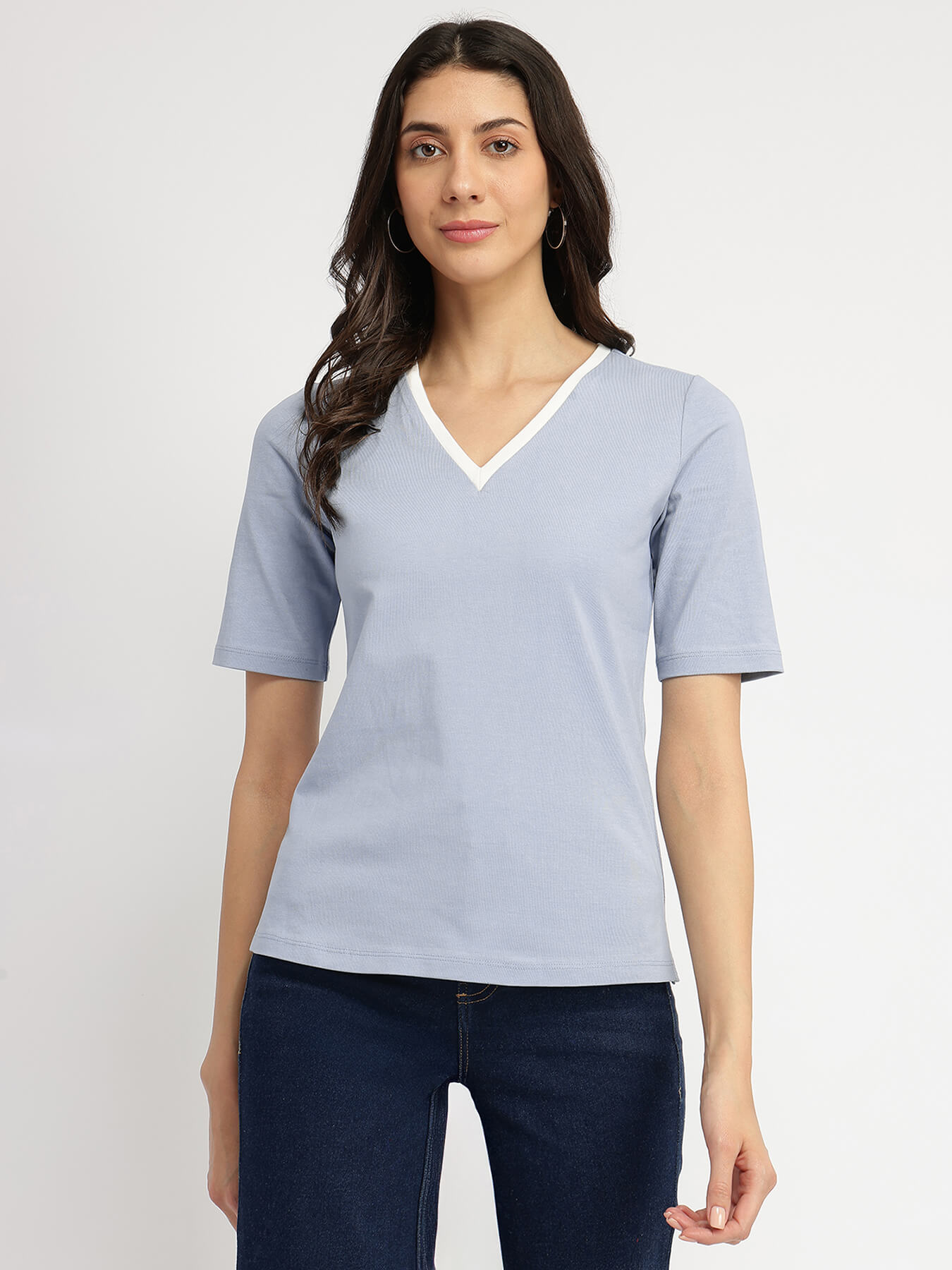 Cotton V-Neck T-Shirt - Light Blue