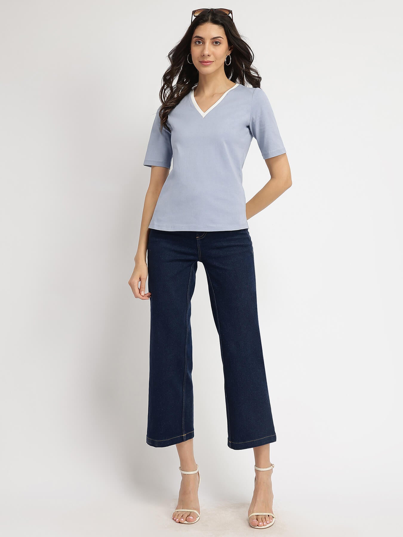 Cotton V-Neck T-Shirt - Light Blue