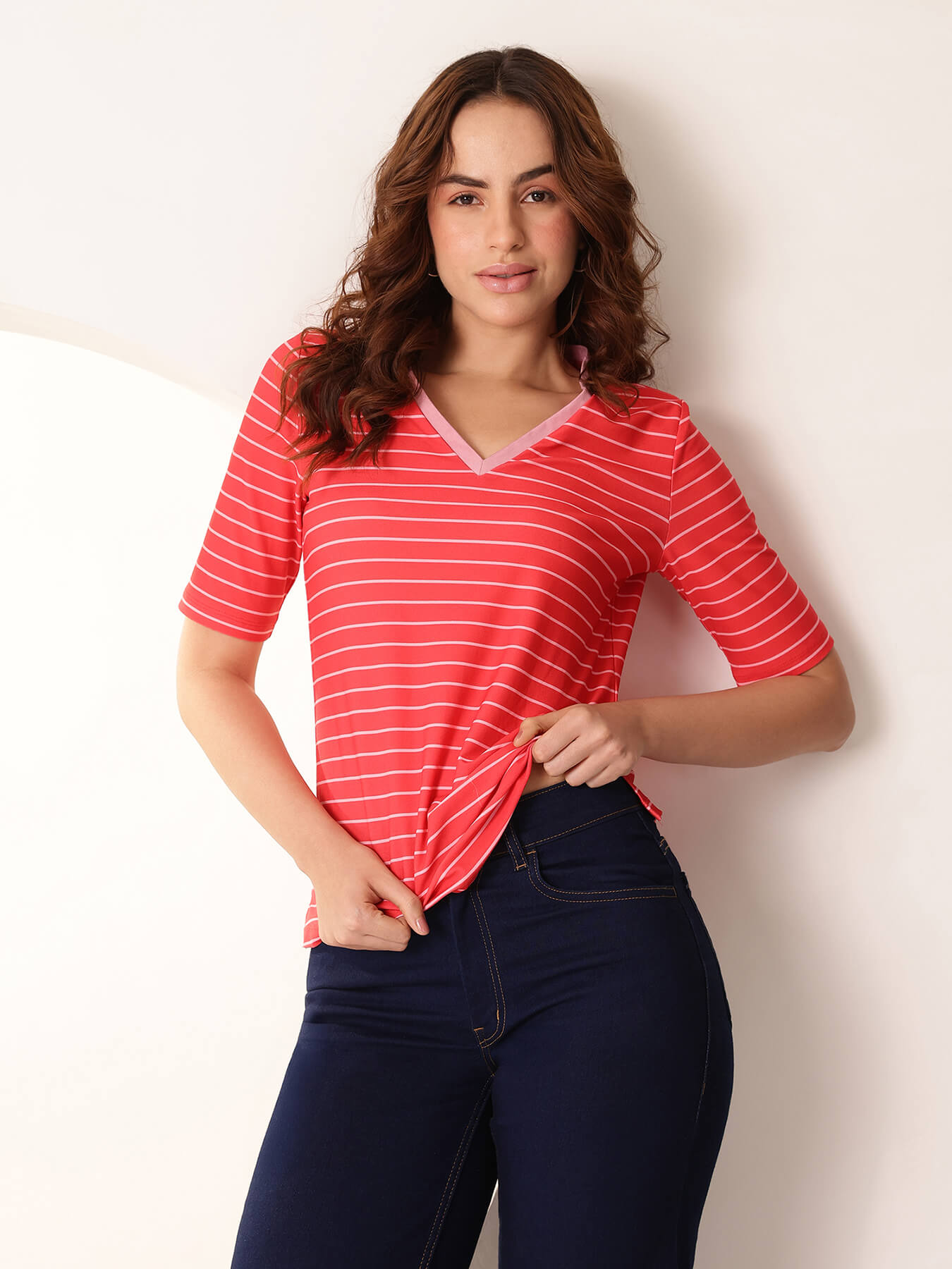 Striped V-Neck T-Shirt - Red