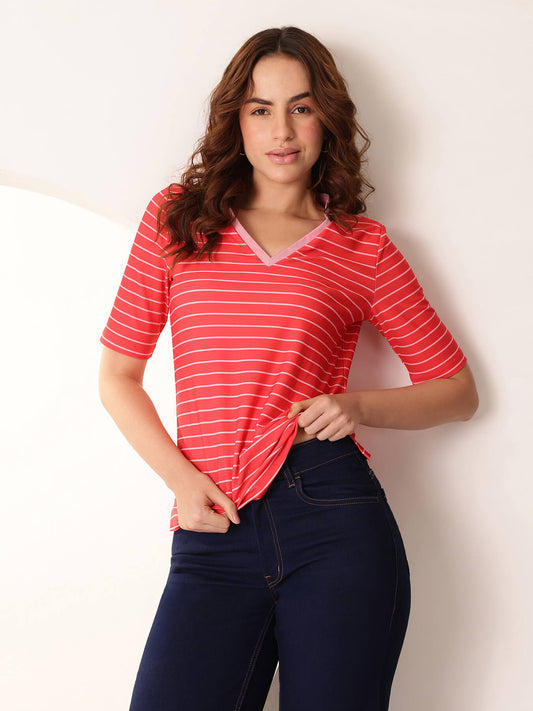 Striped V-Neck T-Shirt - Red