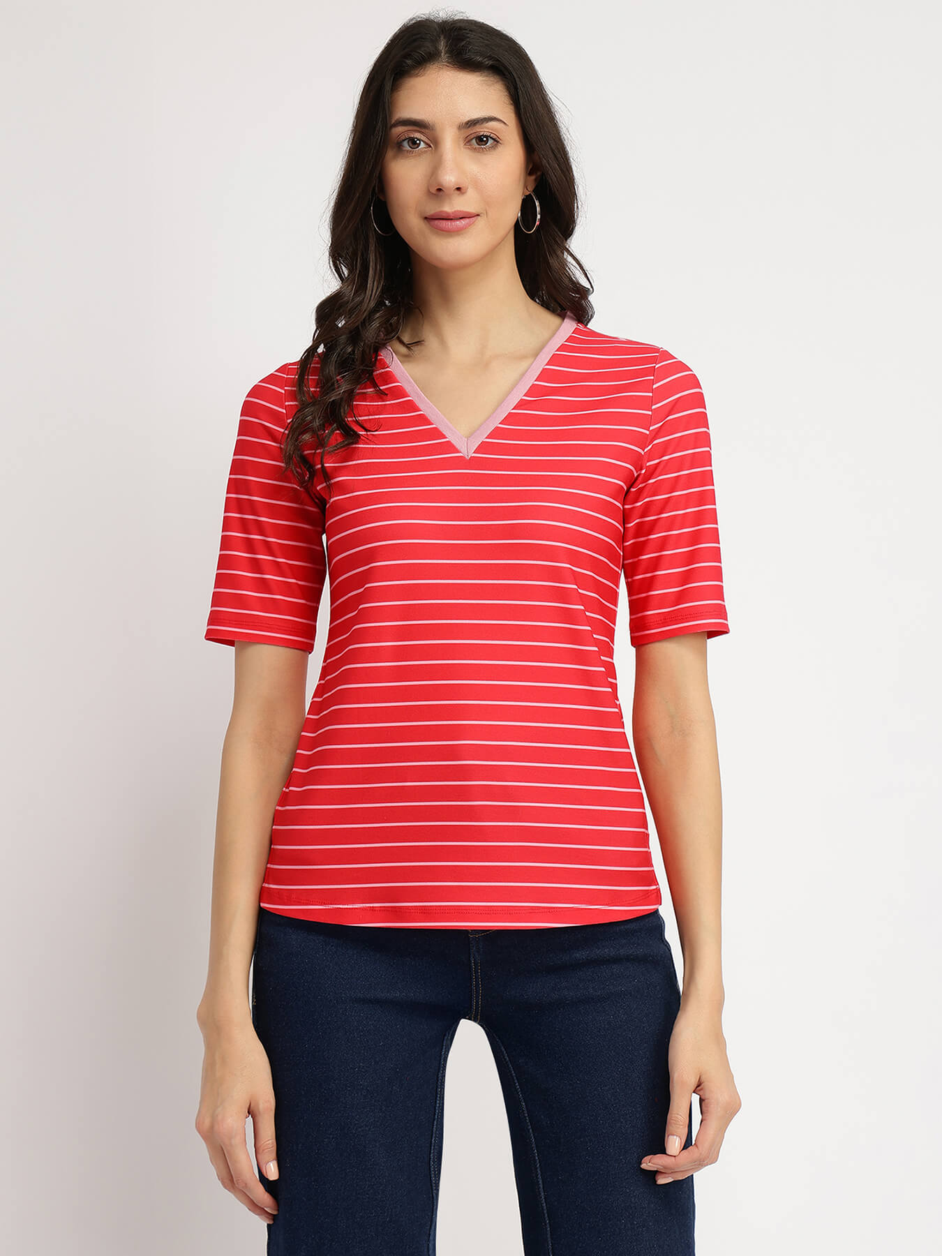 Striped V-Neck T-Shirt - Red