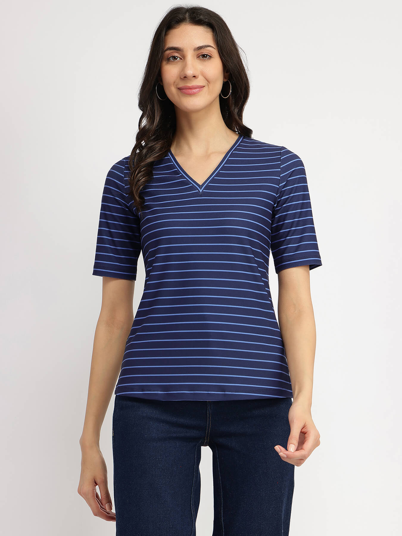 Striped V-Neck T-Shirt - Navy Blue