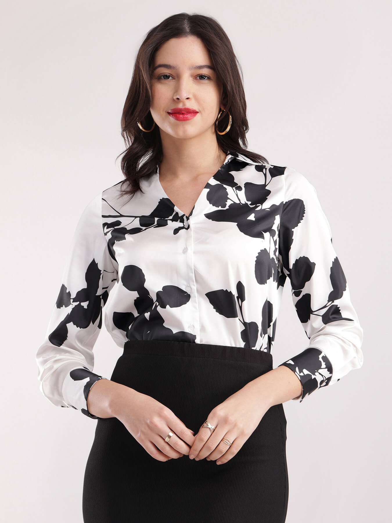 Satin Floral Shirt - White And Black