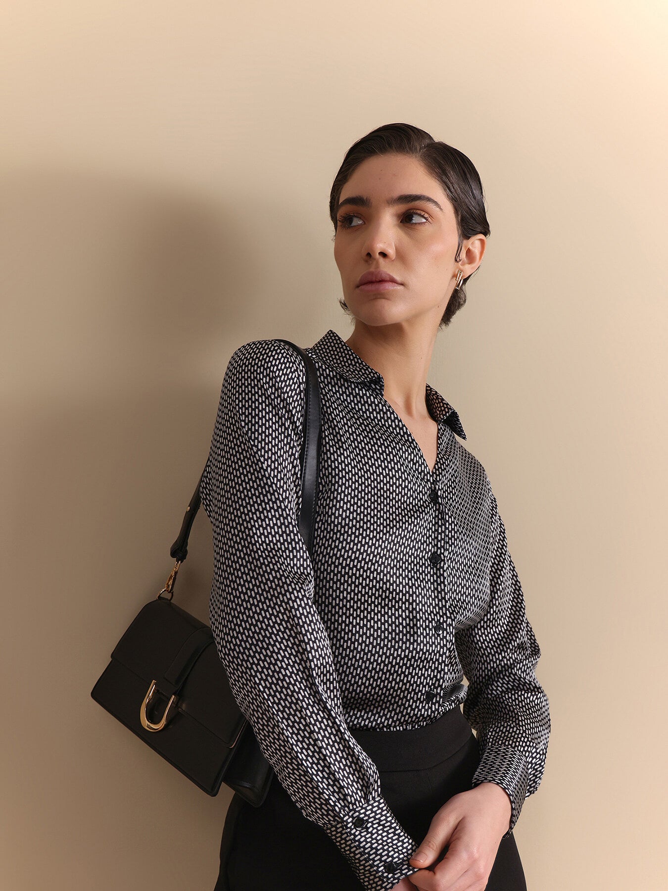 Satin Retro Print Shirt - Black