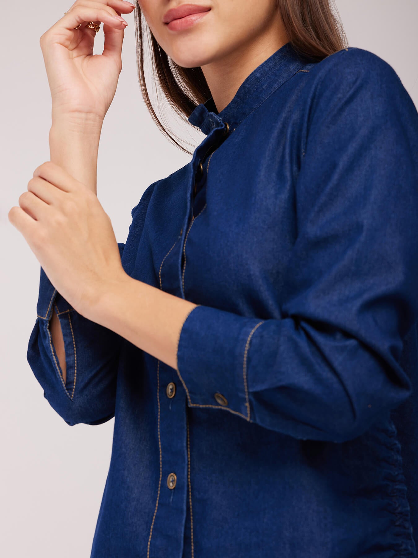 Mandarin Collar Denim Shirt - Navy Blue