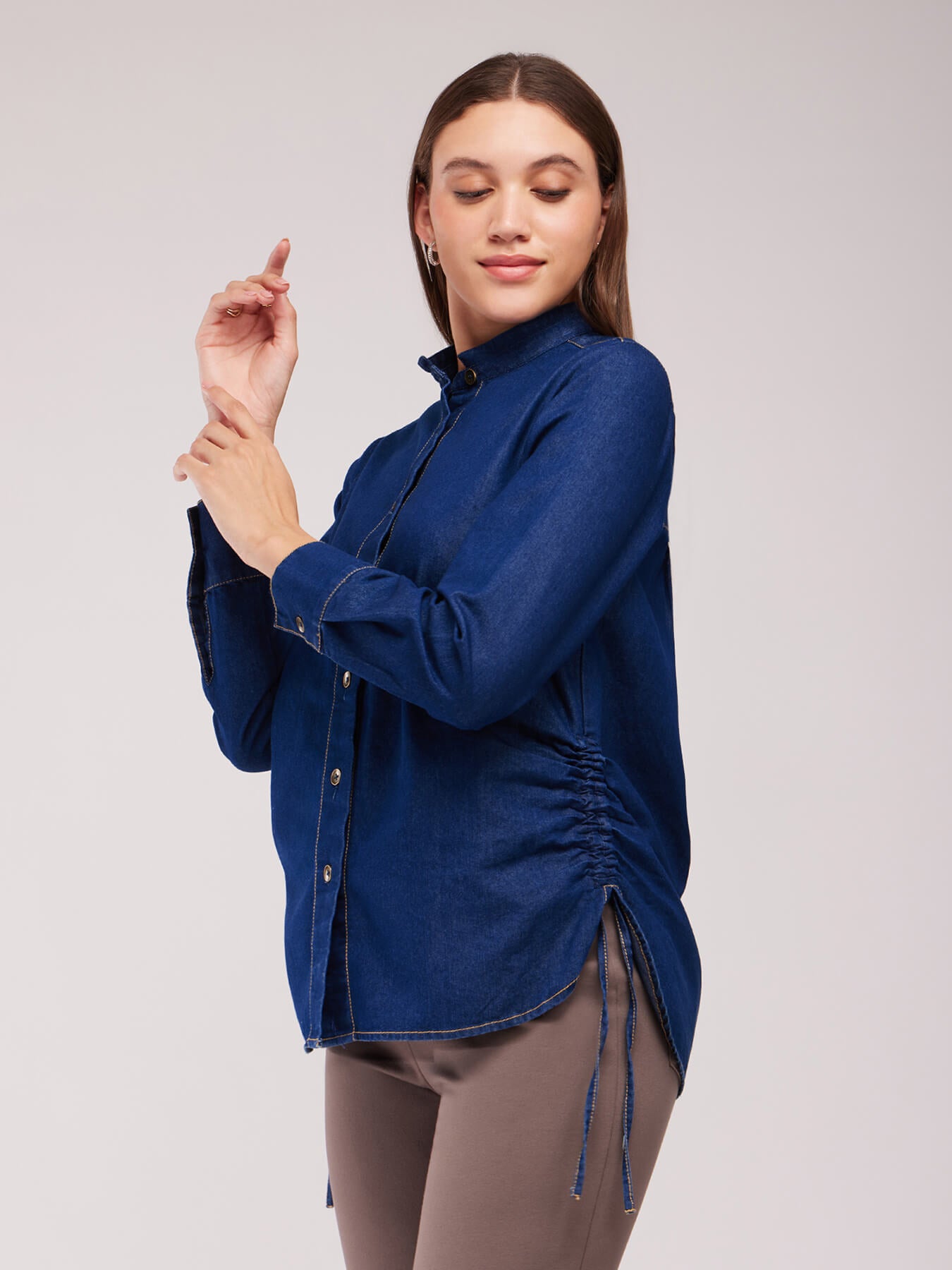Mandarin Collar Denim Shirt - Navy Blue