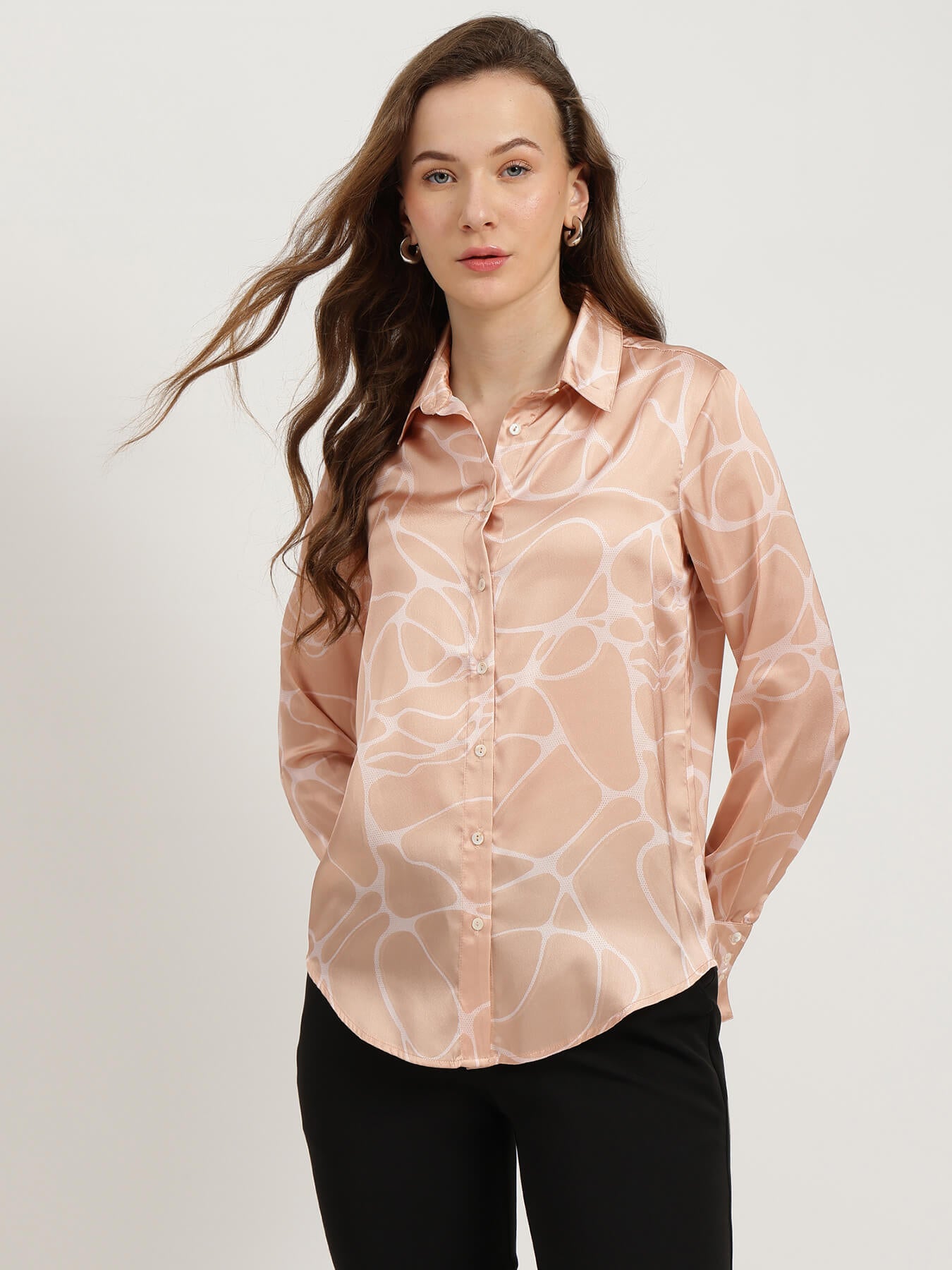 Satin Abstract Print Shirt - Peach