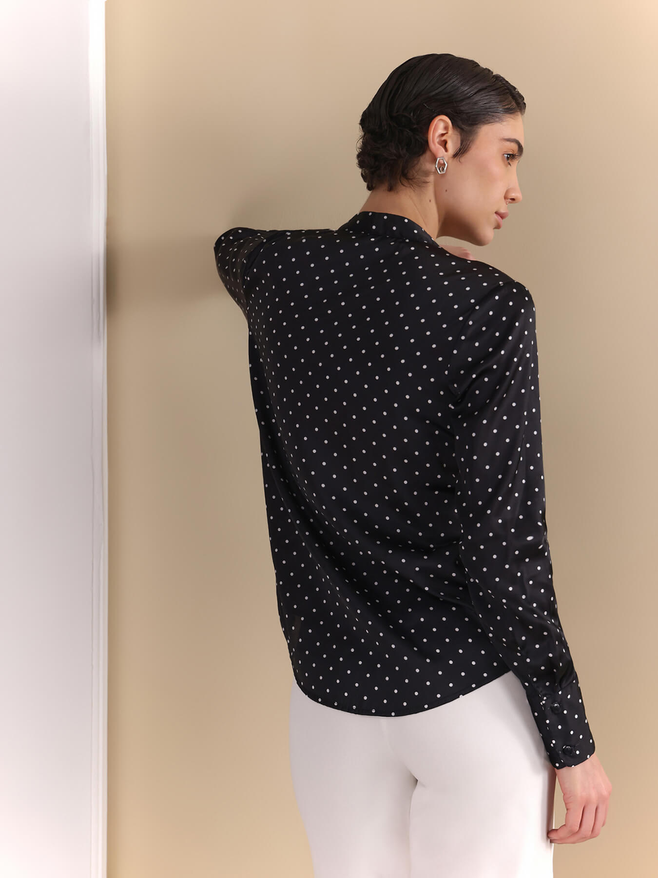Satin Polka Print Pleated Shirt - Black