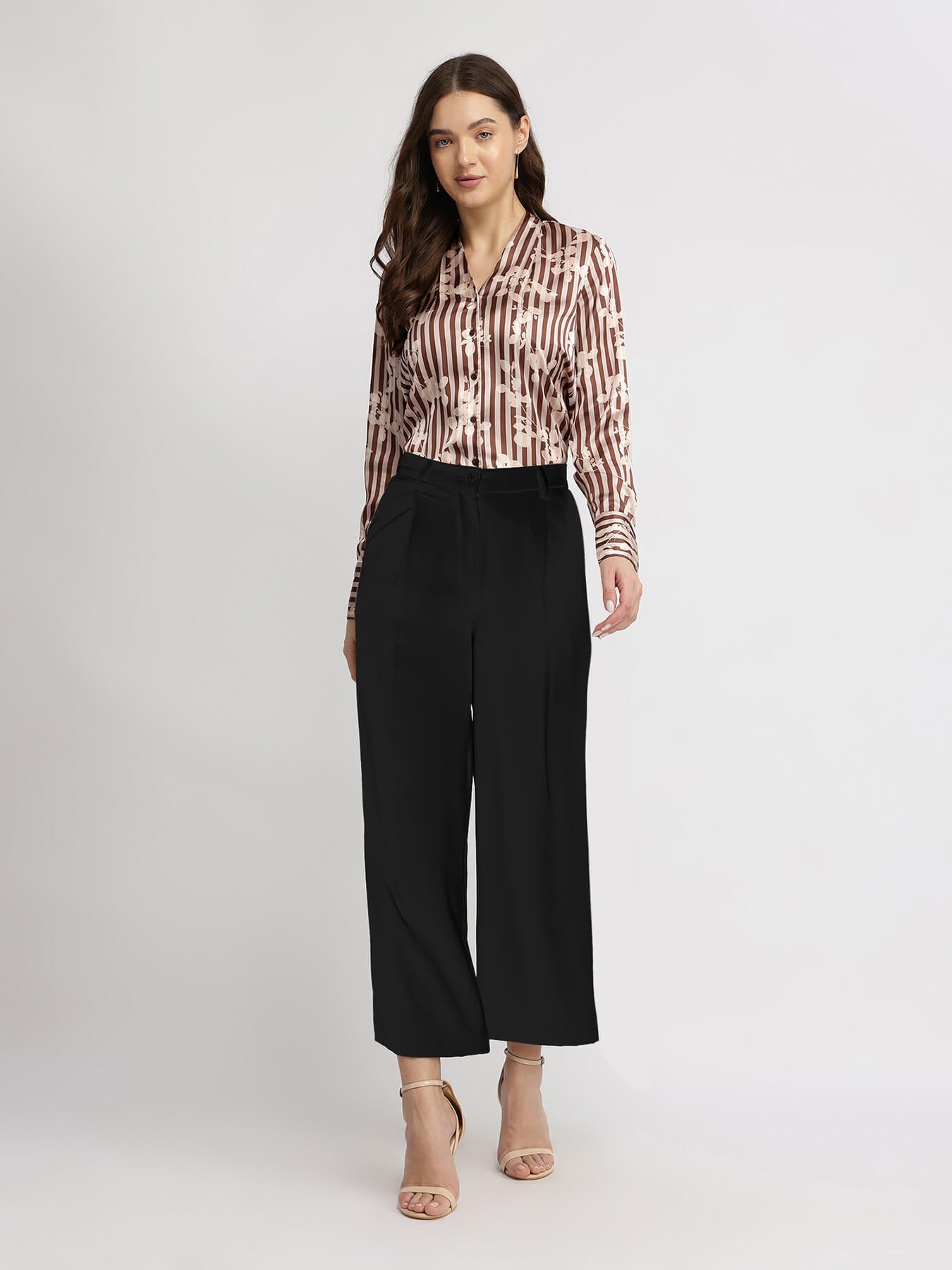 Satin Striped Floral Shirt - Brown