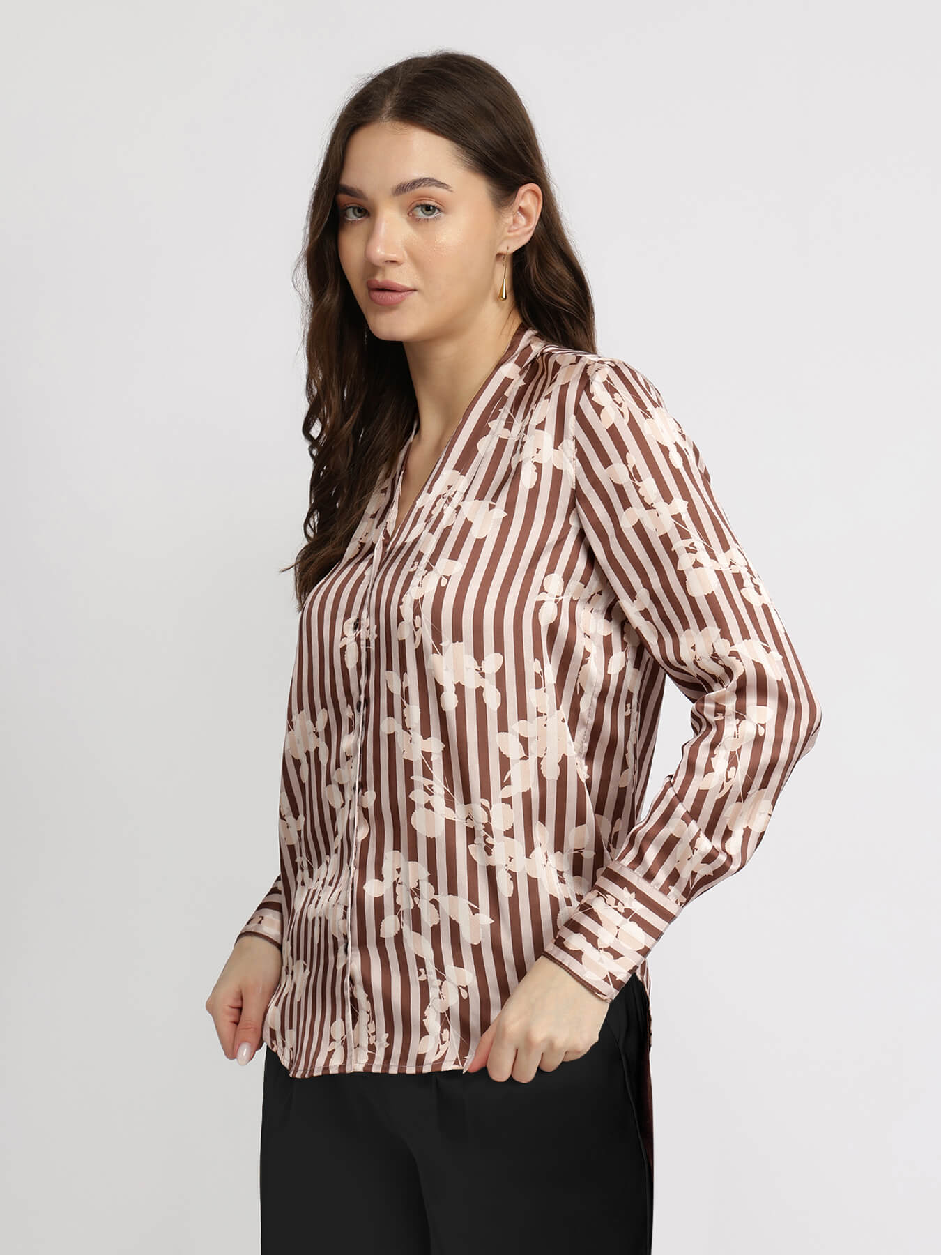 Satin Striped Floral Shirt - Brown