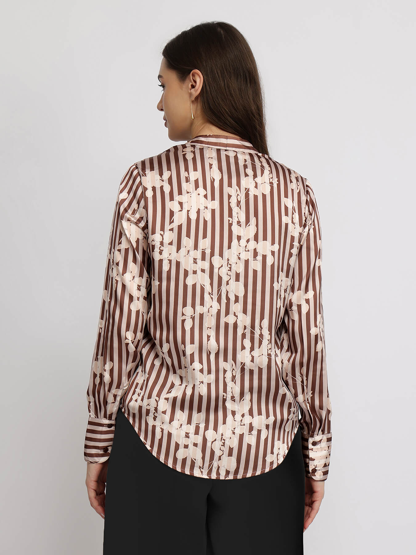 Satin Striped Floral Shirt - Brown