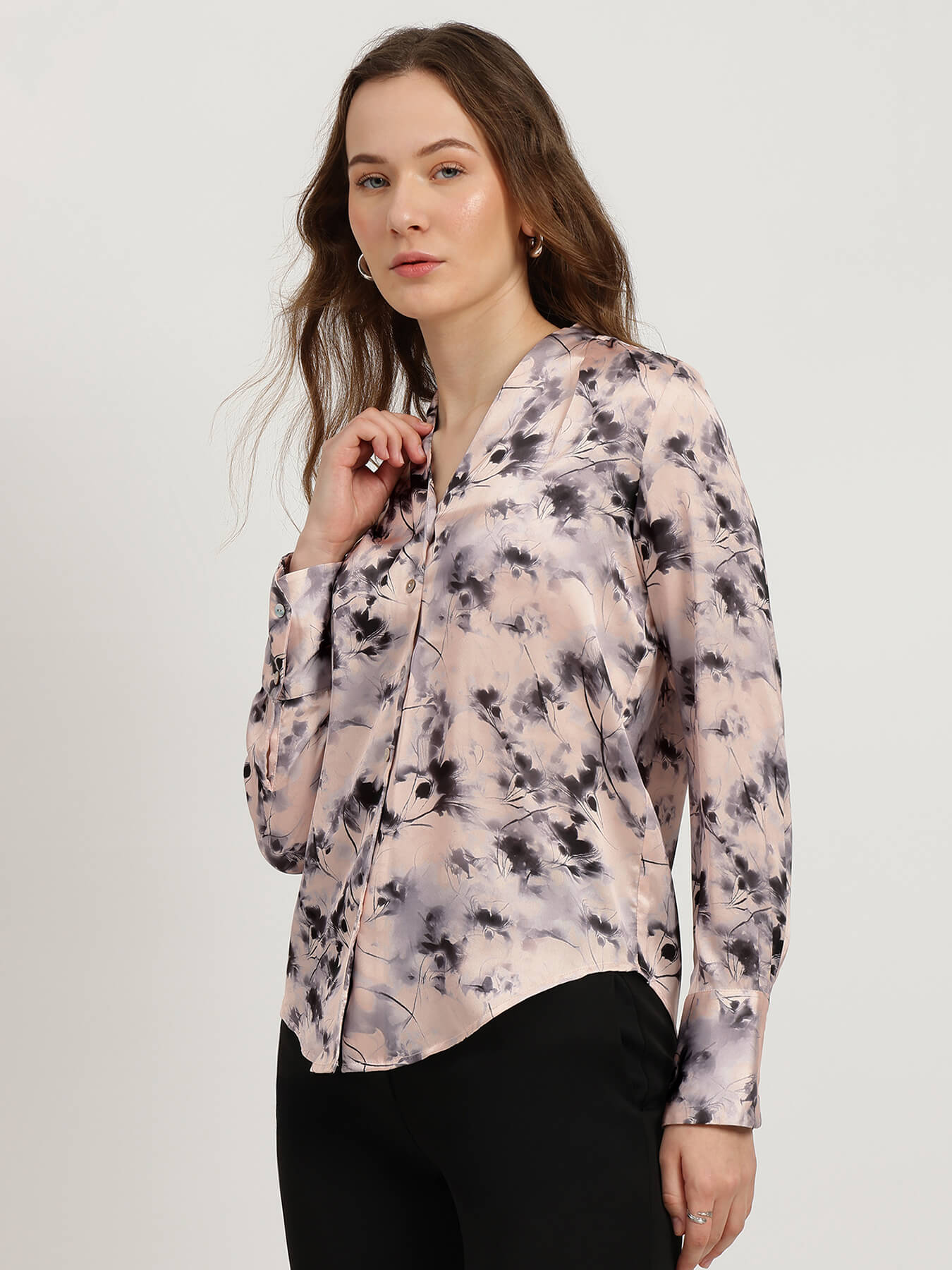 Satin Floral Shirt - Peach