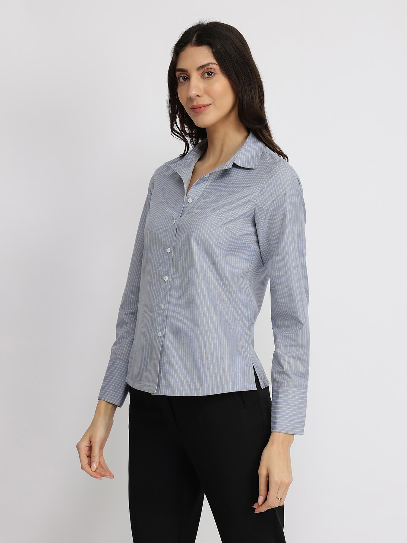 Cotton Blend Striped Shirt - Grey & White