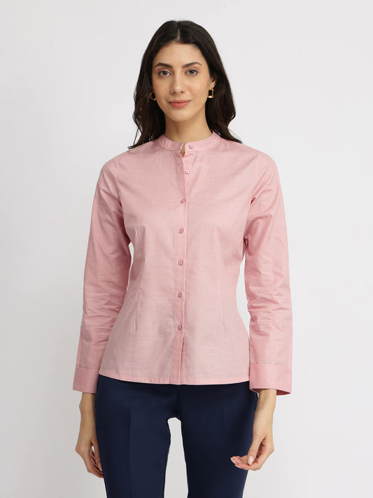 Cotton Mandarin Collar Shirt - Baby Pink
