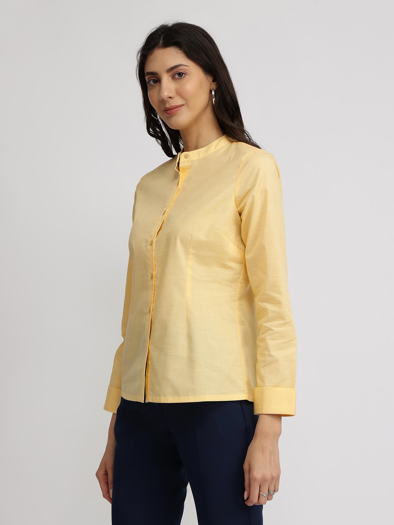 Cotton Mandarin Collar Shirt - Butter Yellow
