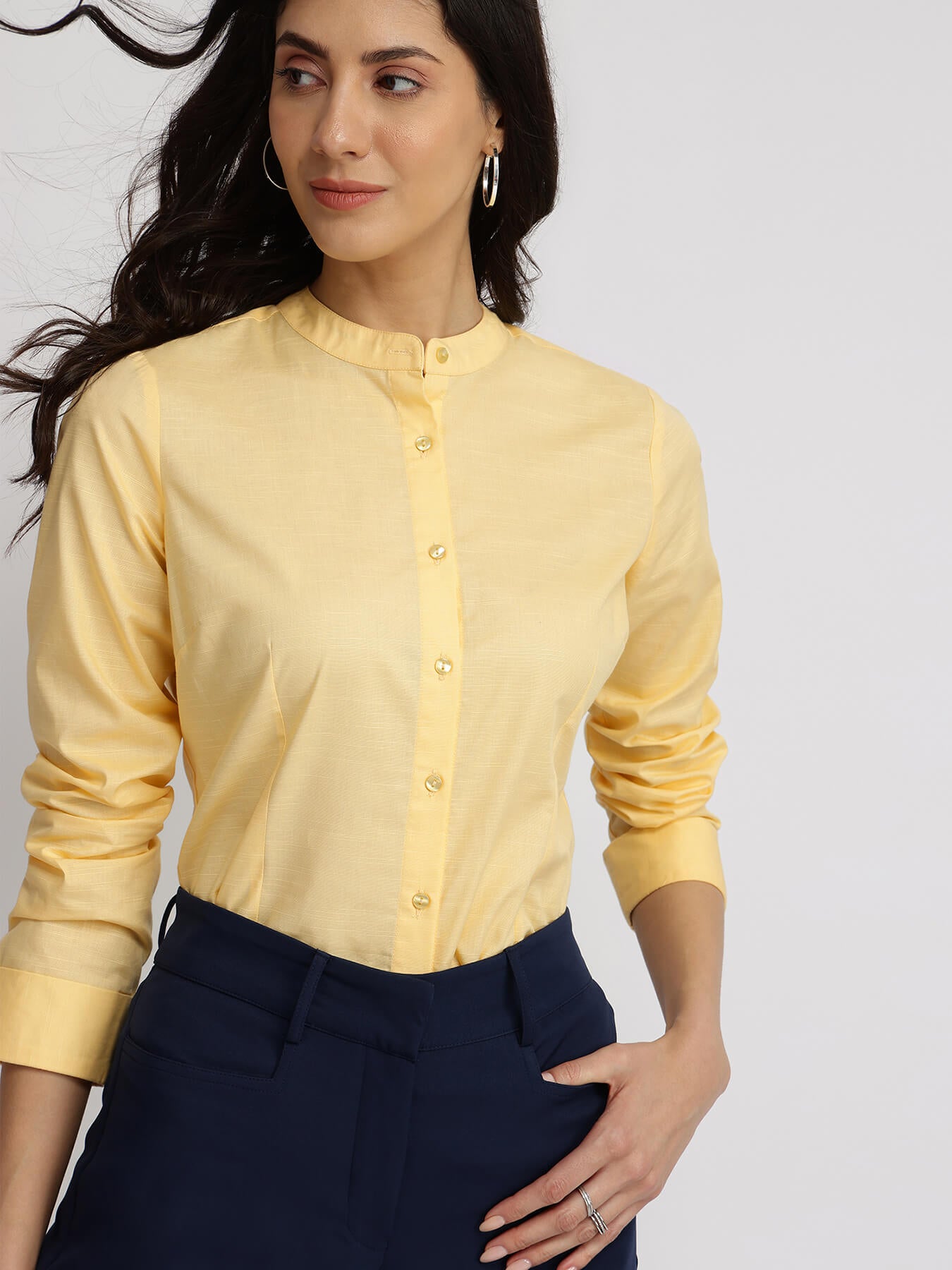 Cotton Mandarin Collar Shirt - Butter Yellow