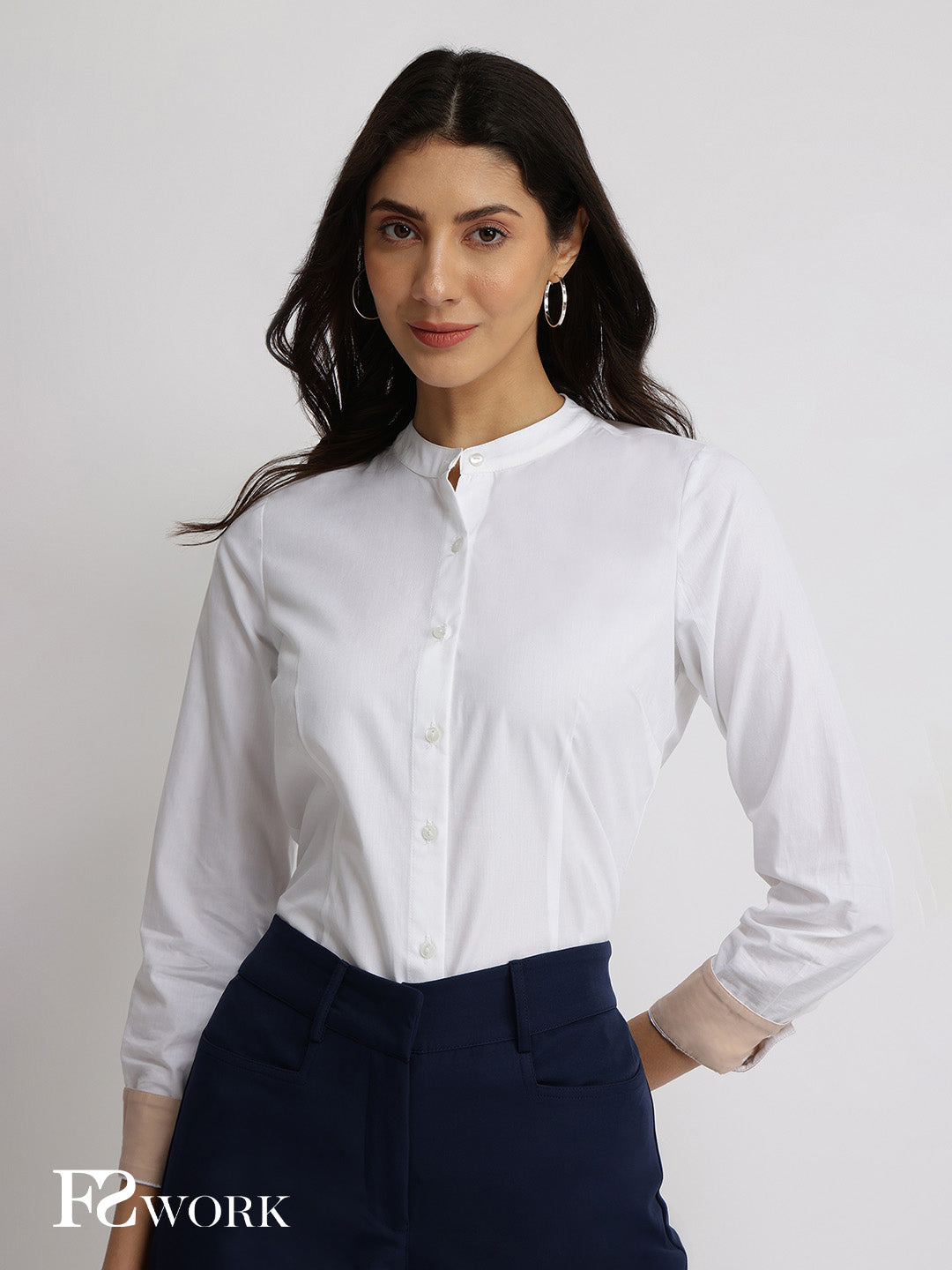 Cotton Blend Mandarin Collar Shirt - White