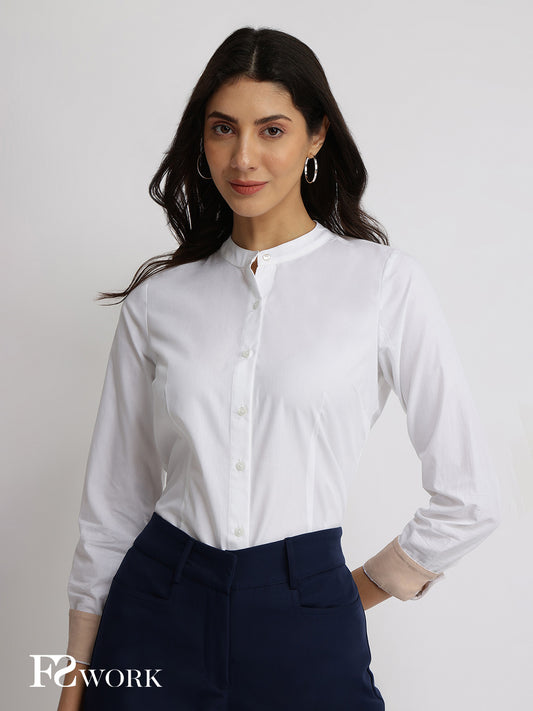 Cotton Blend Mandarin Collar Shirt - White