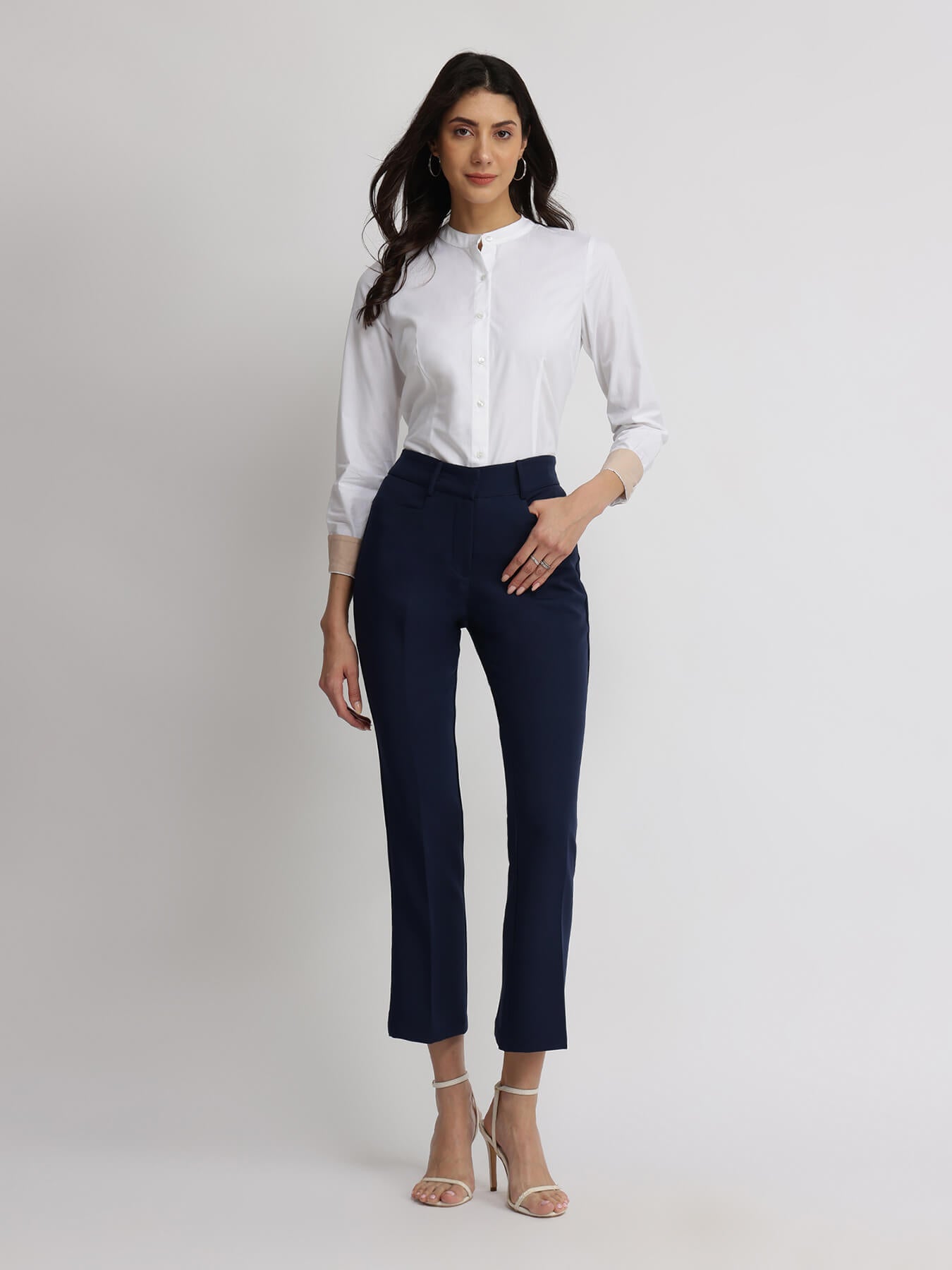 Cotton Blend Mandarin Collar Shirt - White