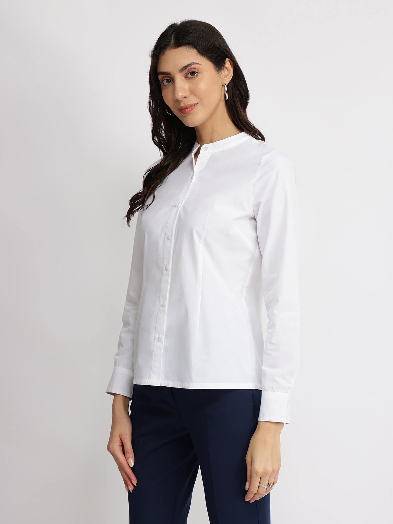 Cotton Blend Mandarin Collar Shirt - White