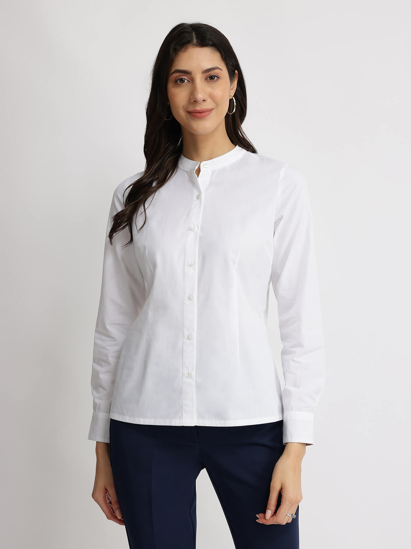 Cotton Blend Mandarin Collar Shirt - White