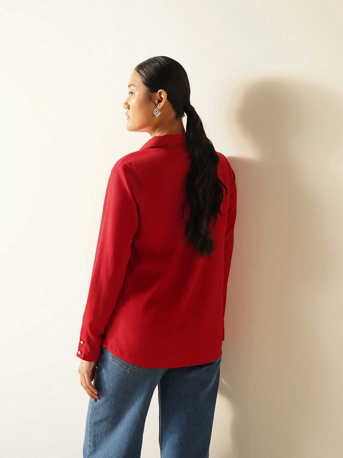 Collared V-Neck Shirt - Red