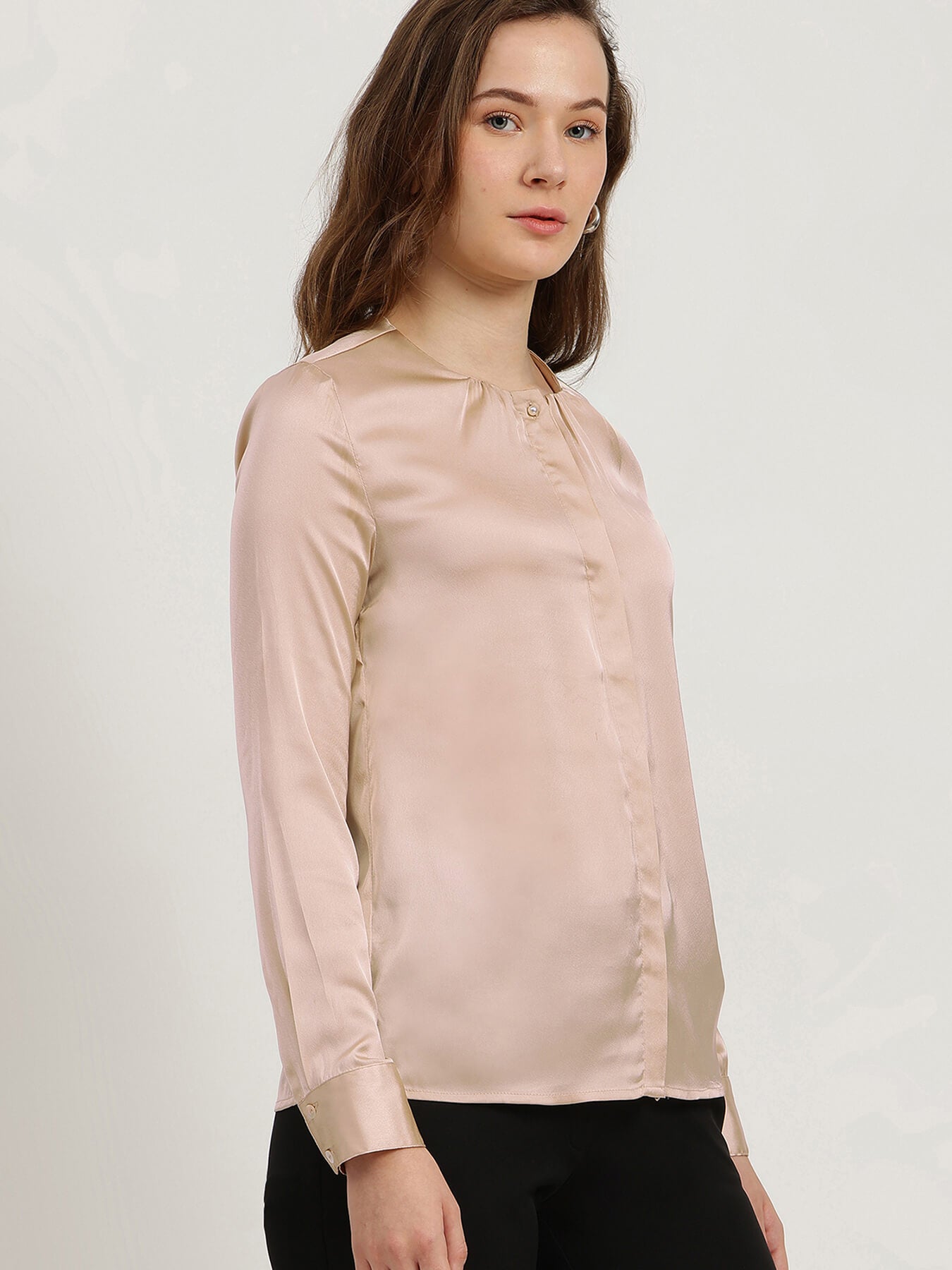 Satin Gathered Neck Shirt - Beige