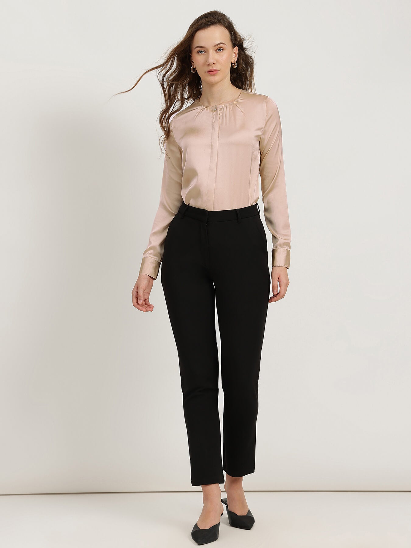 Satin Gathered Neck Shirt - Beige