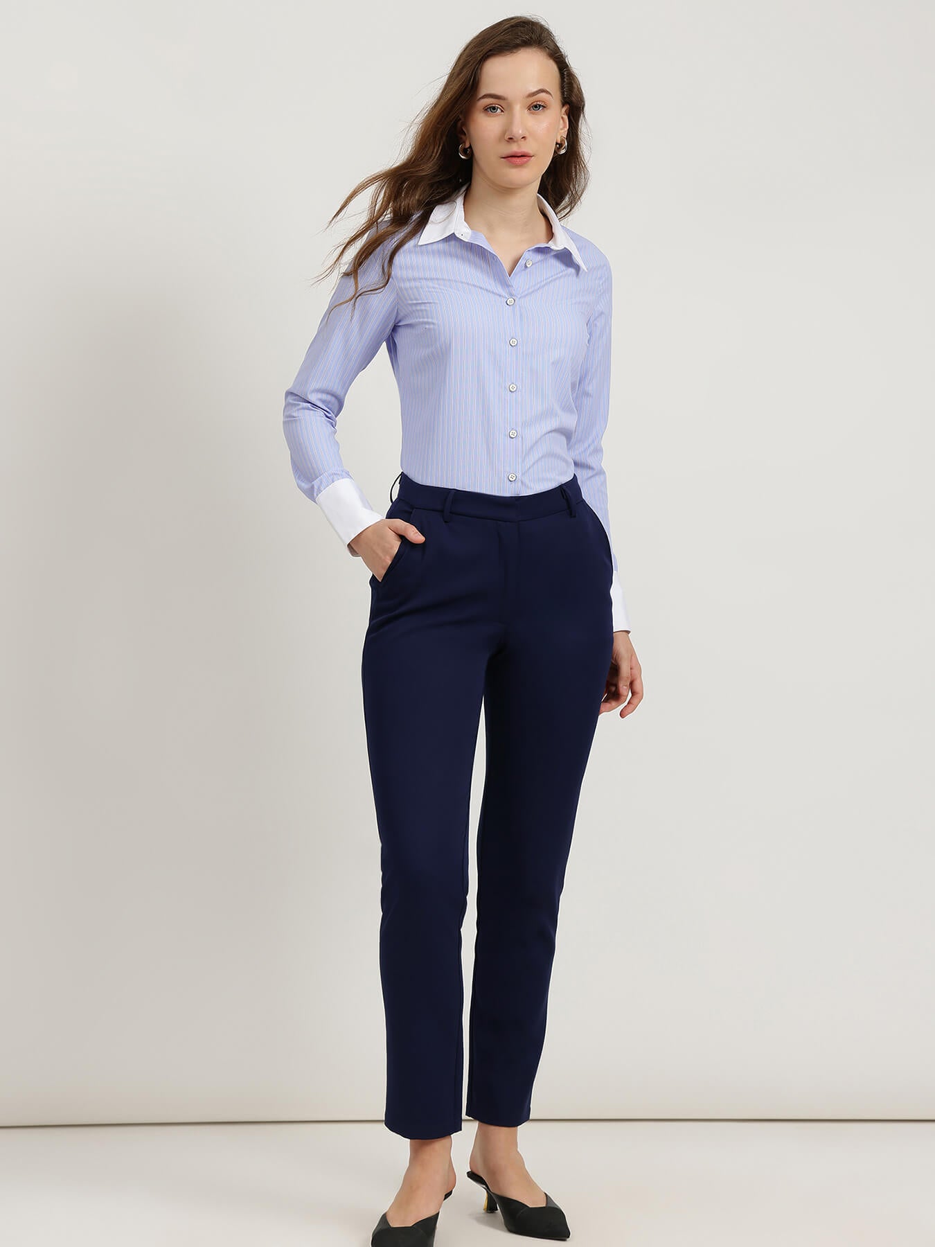 Cotton Contrast Detail Shirt - Blue