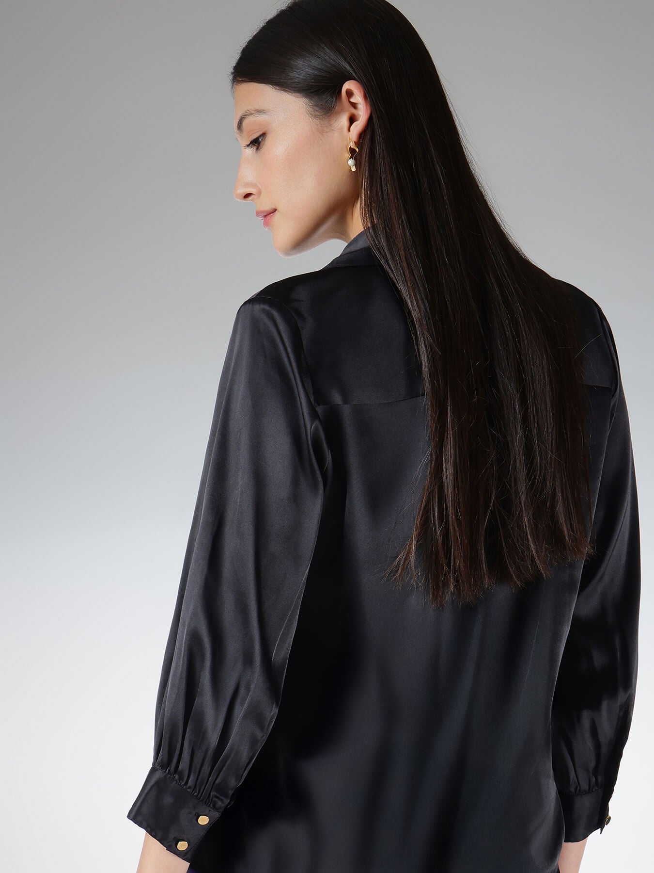 Satin V-Neck Shirt - Black