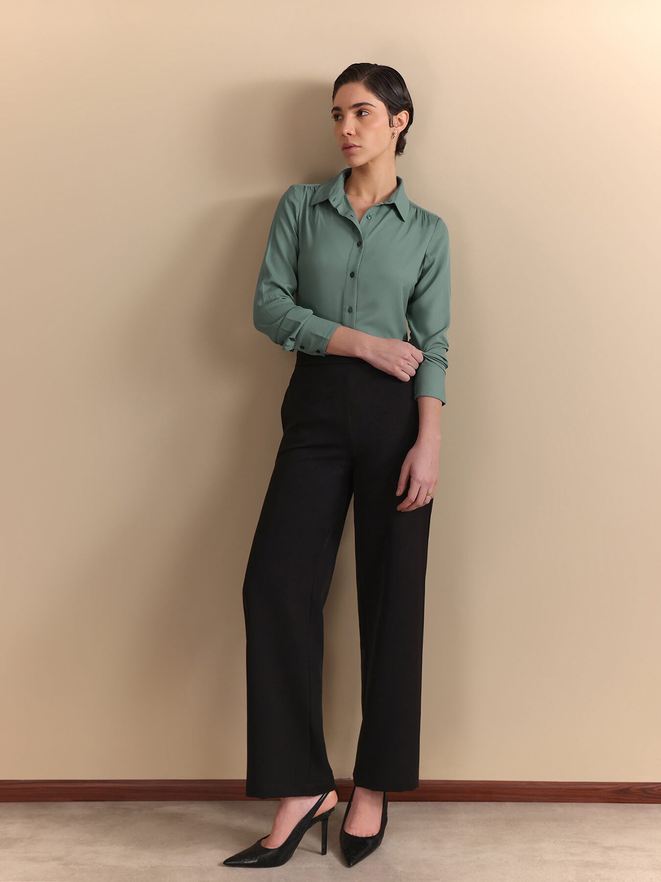 Gathered Shoulder V-Neck Shirt - Sage Green