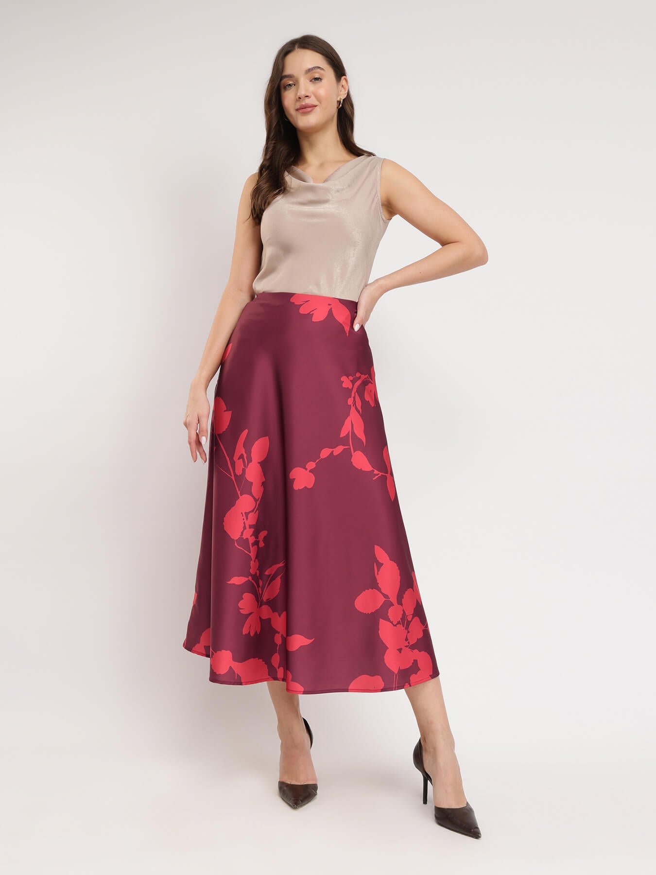 Stretchable Satin A-line Skirt - Maroon