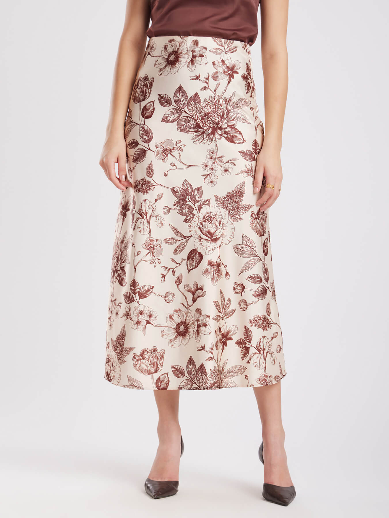 Satin Floral Skirt - Beige And Brown