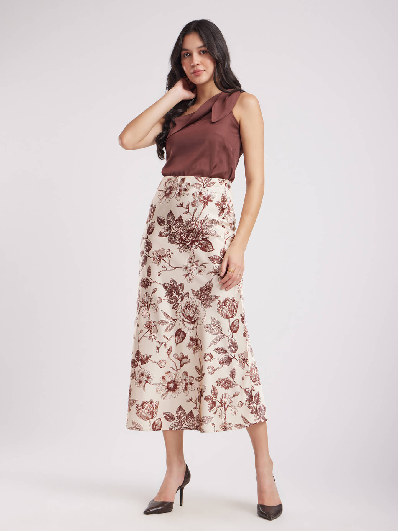 Satin Floral Skirt - Beige And Brown