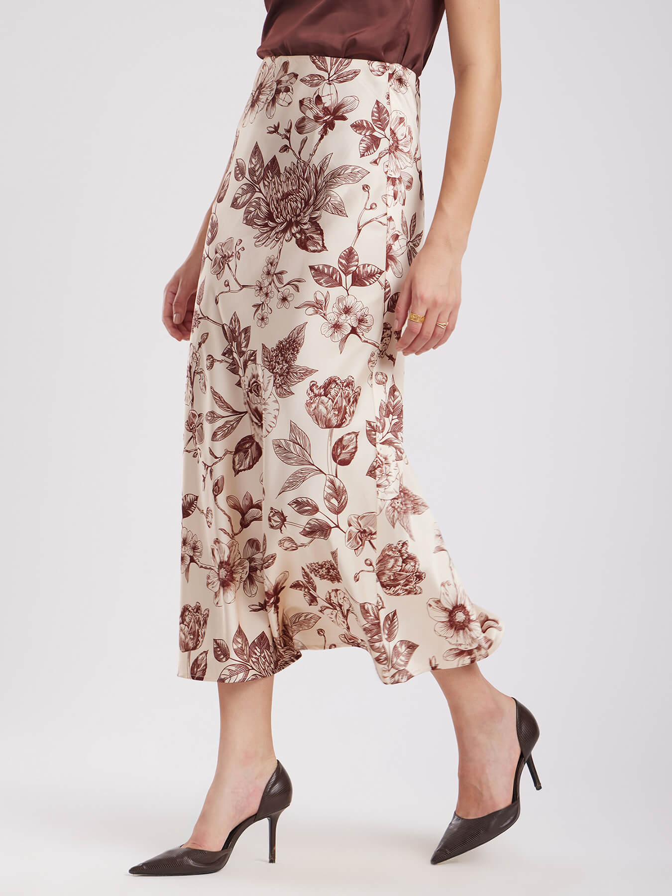 Satin Floral Skirt - Beige And Brown