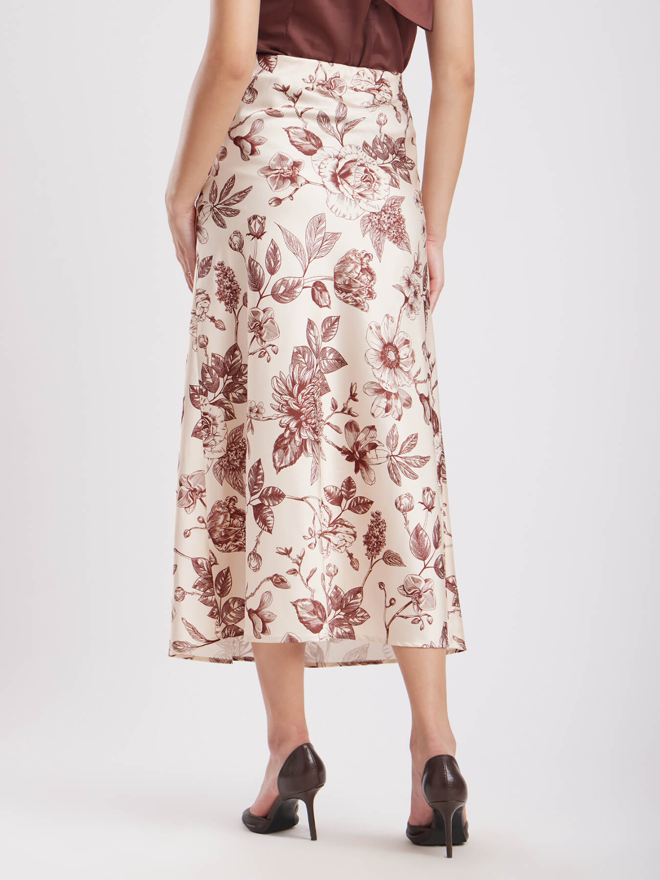 Satin Floral Skirt - Beige And Brown