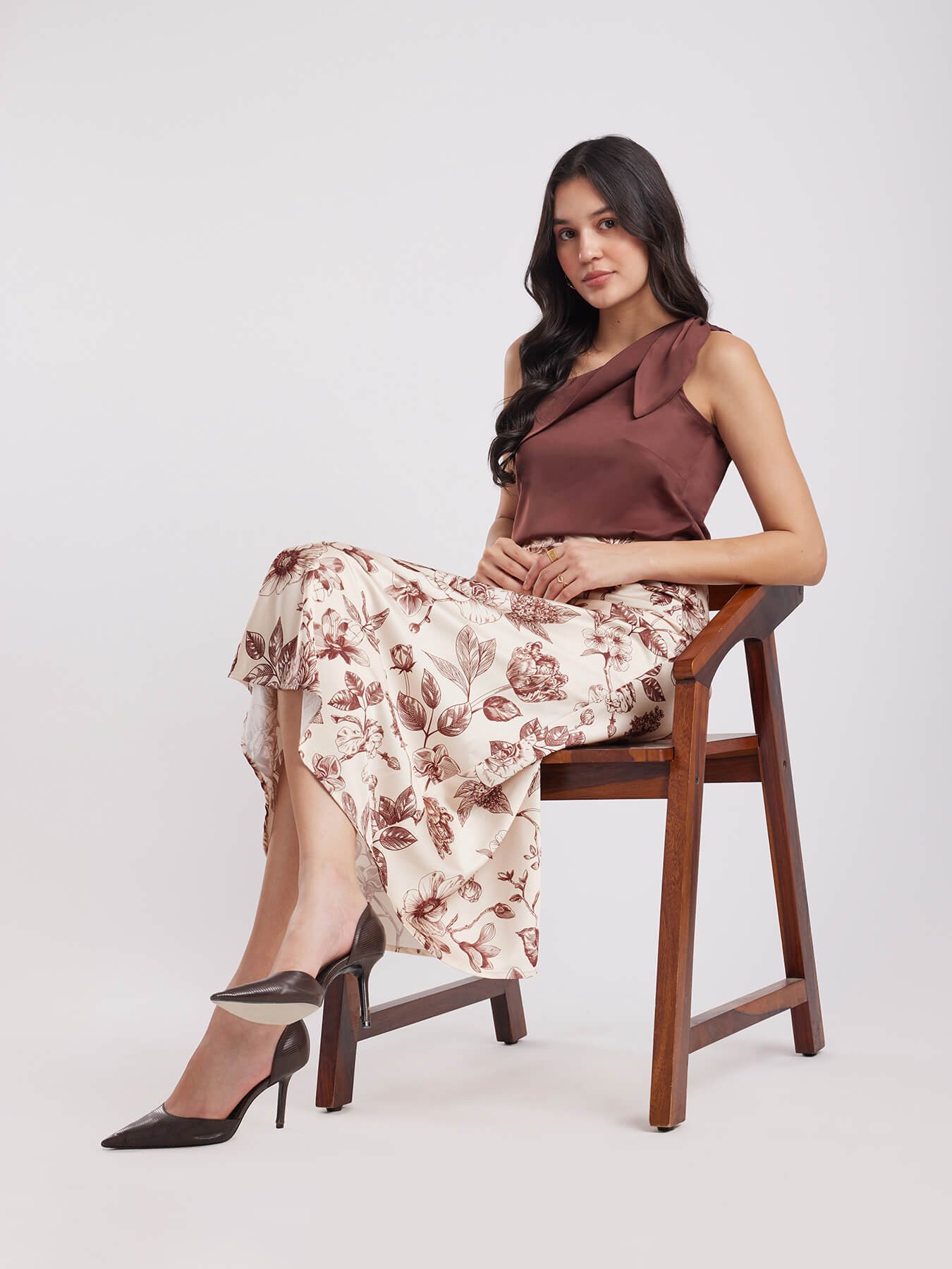 Satin Floral Skirt - Beige And Brown