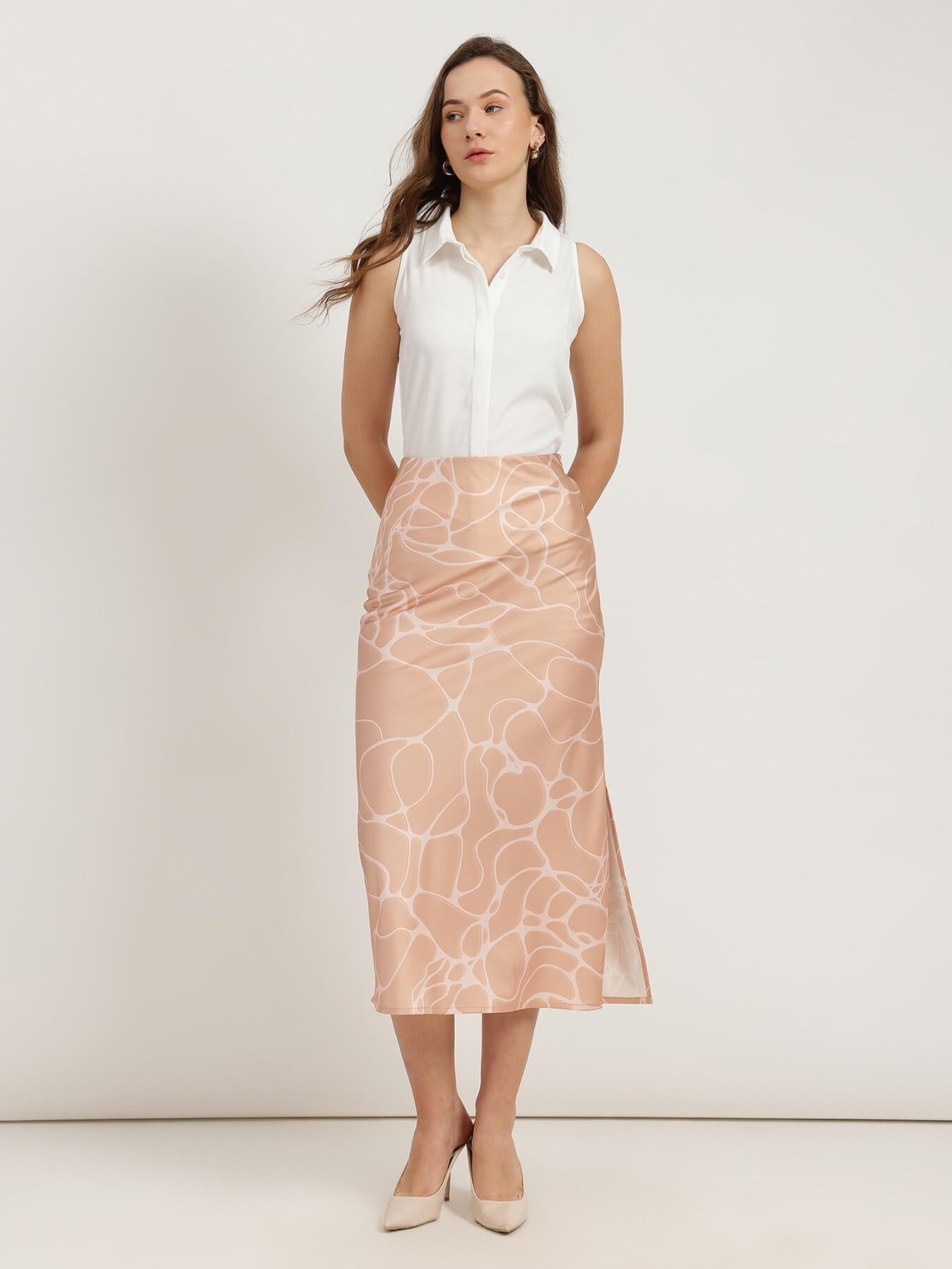 Satin Midi Skirt - Peach