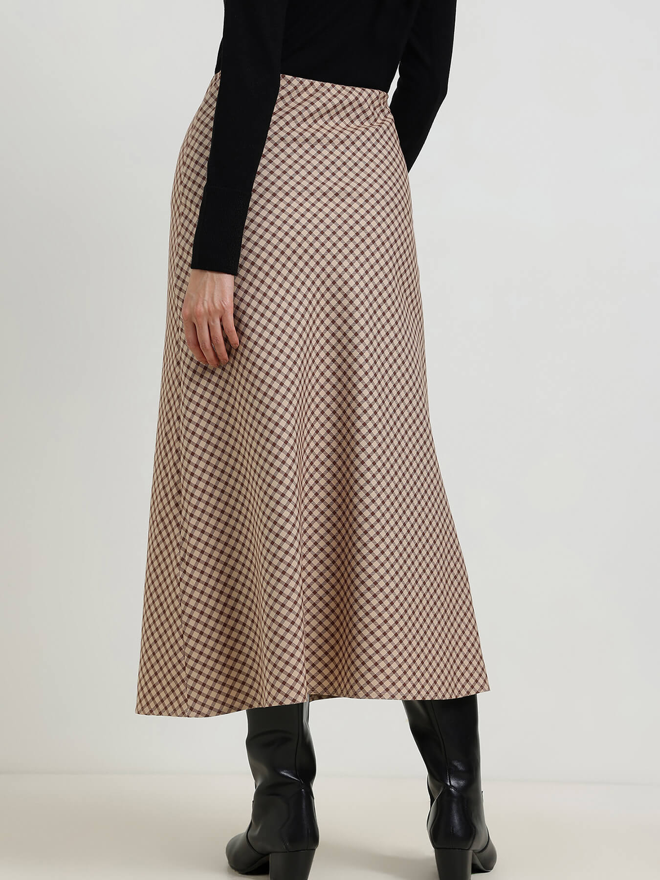 Cotton Gingham A-Line Skirt - Brown