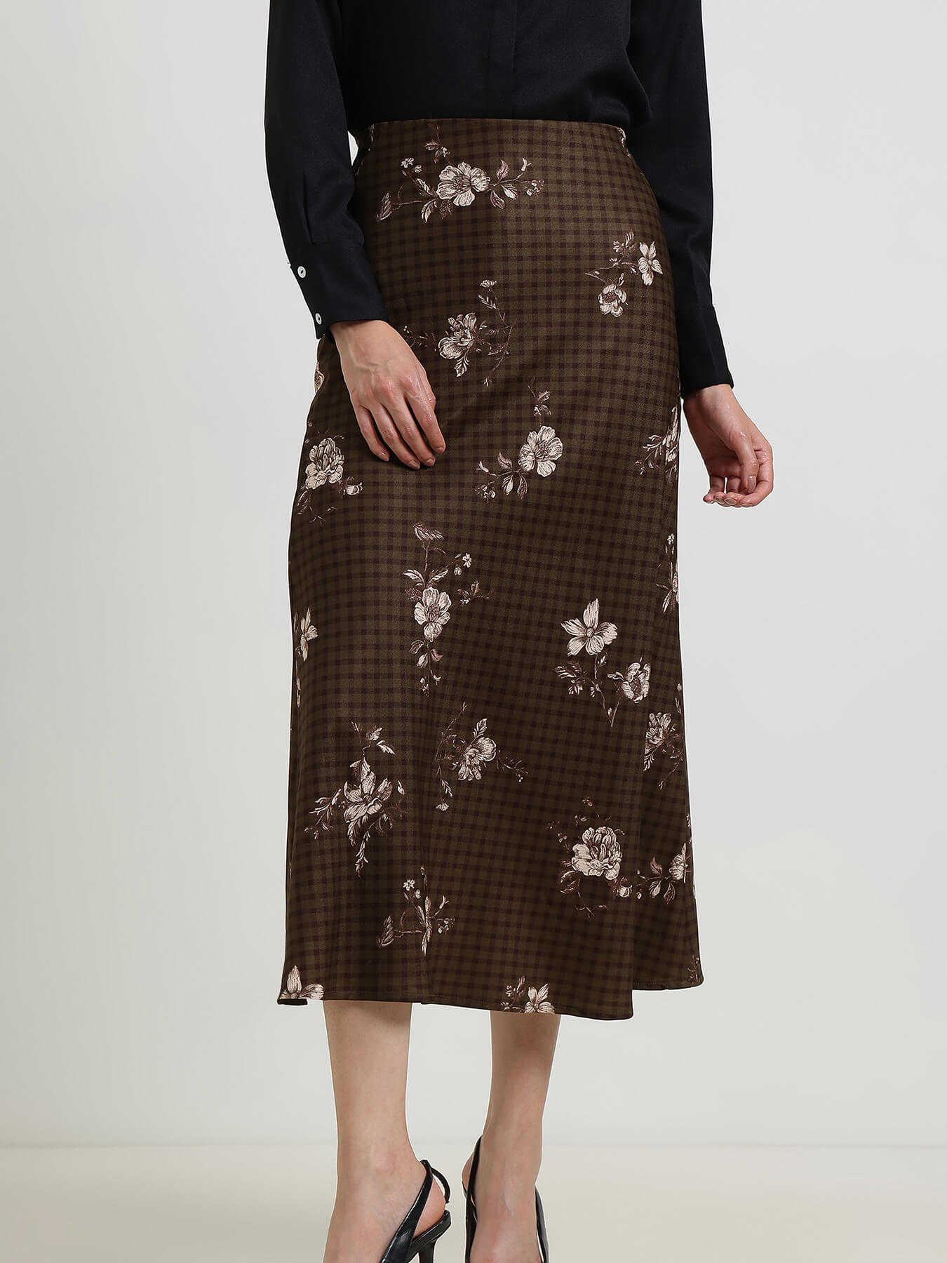 Floral Gingham A-Line Skirt - Brown