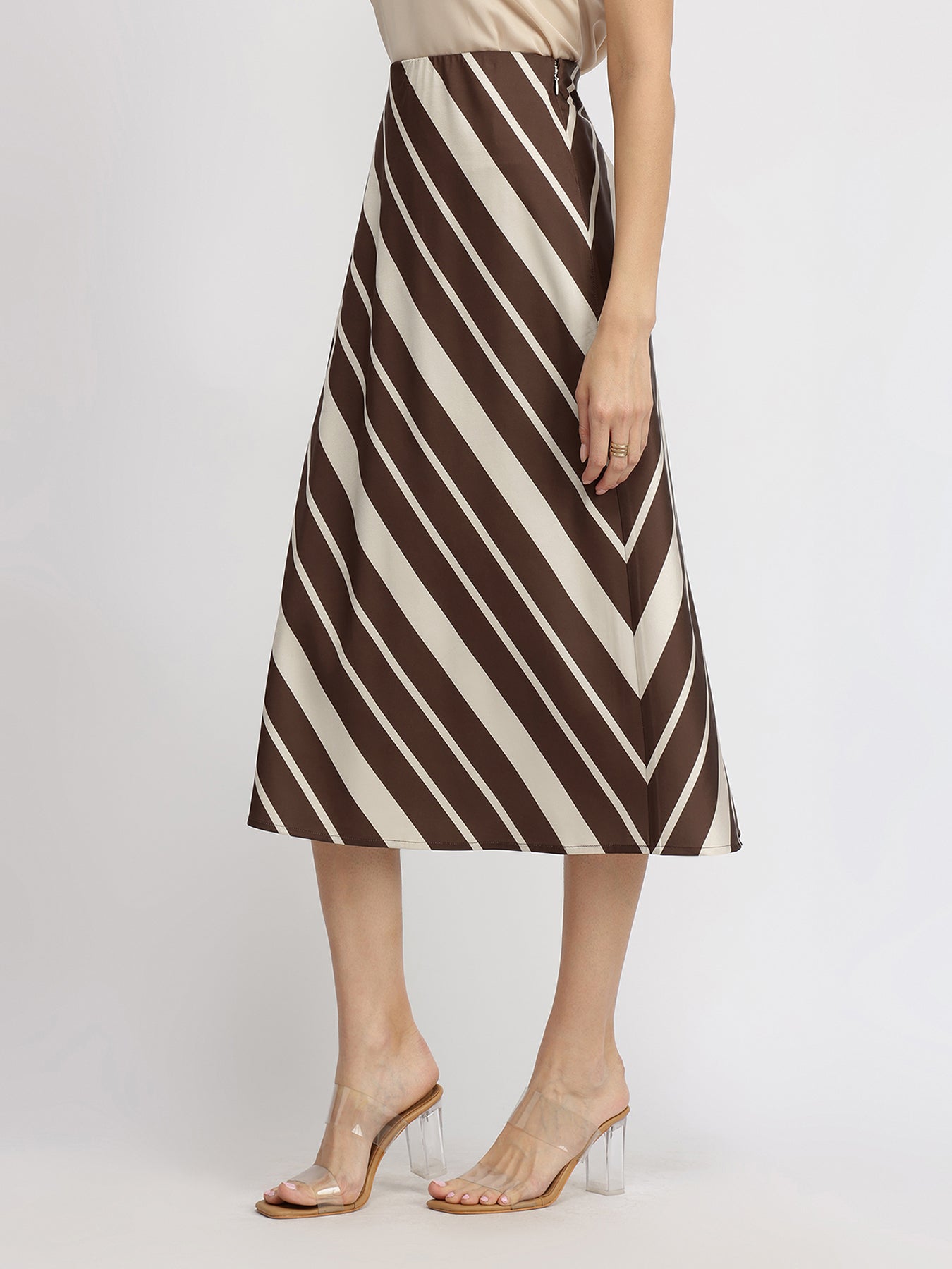 Satin Striped A-Line Skirt - Brown