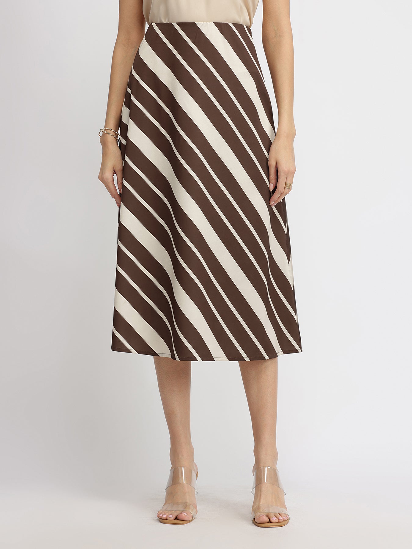 Satin Striped A-Line Skirt - Brown