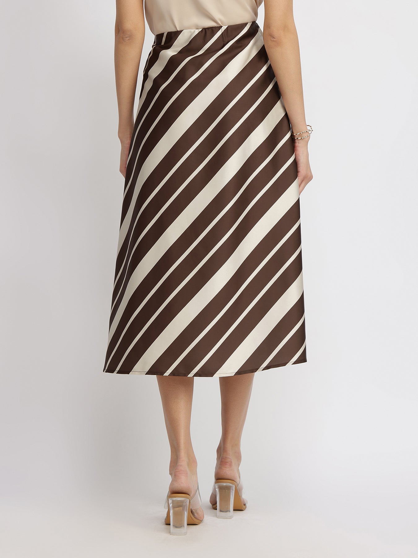 Satin Striped A-Line Skirt - Brown