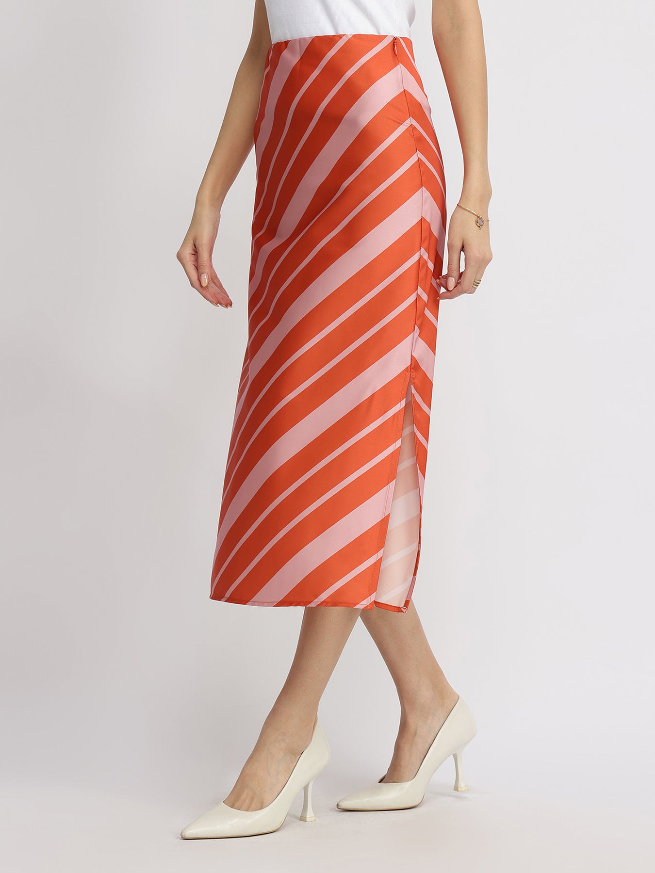 Satin Striped A-Line Skirt - Orange