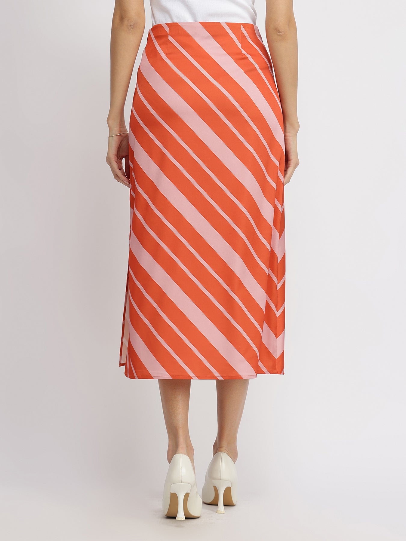 Satin Striped A-Line Skirt - Orange