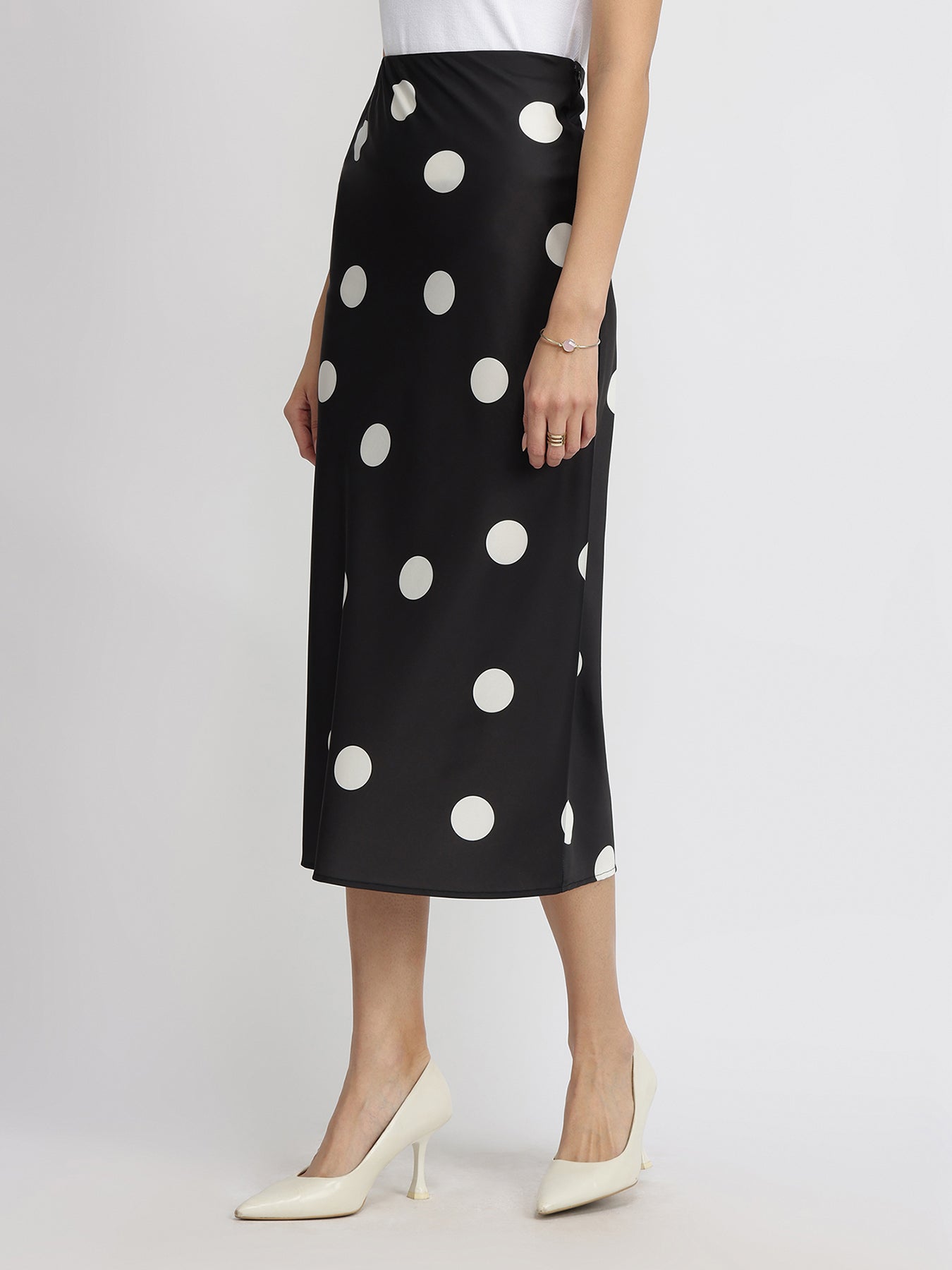 Satin Polka Dot Fitted Skirt - Black