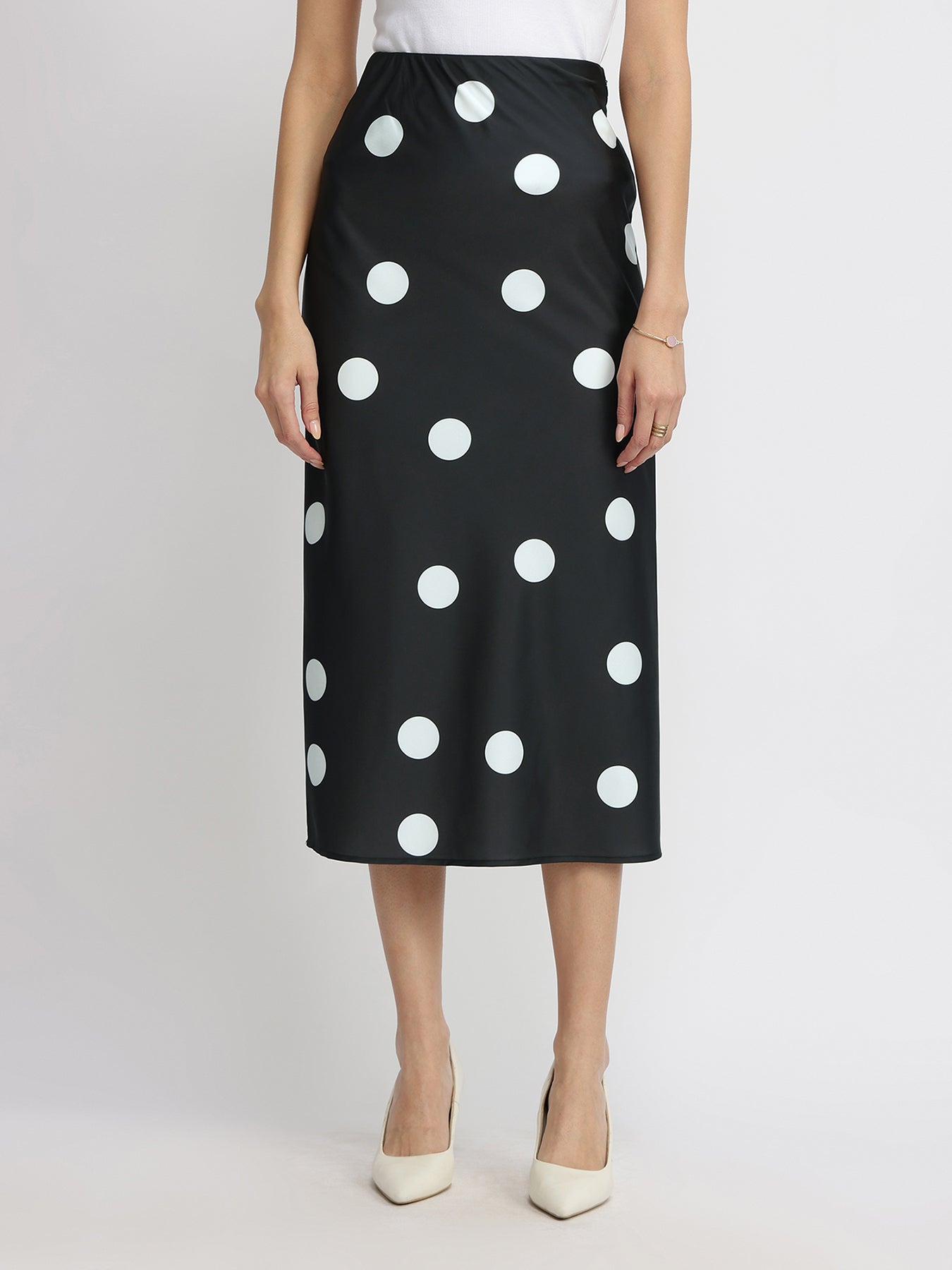 Satin Polka Dot Fitted Skirt - Black